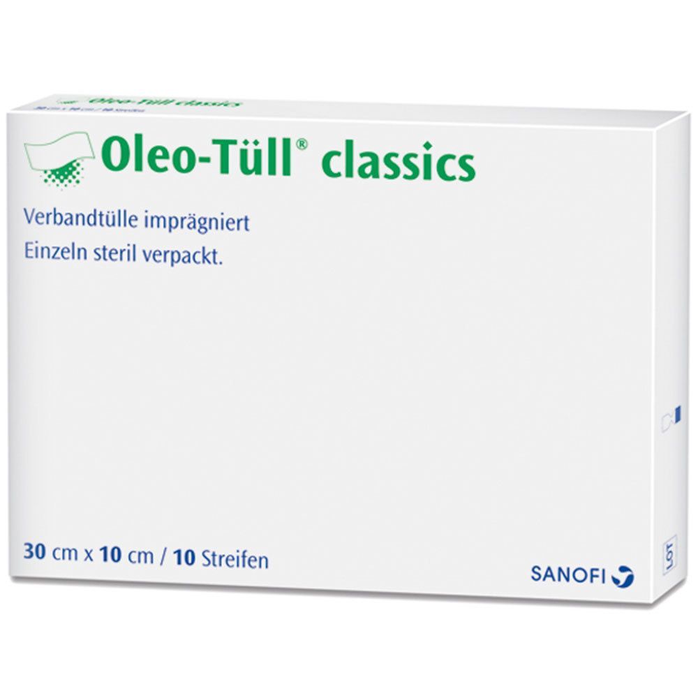 Oleo-Tüll® classics Verpackung. Beschriftung: Verbandtülle imprägniert, einzeln steril verpackt. Maße: 30 cm x 10 cm / 10 Streifen. Sanofi Logo.