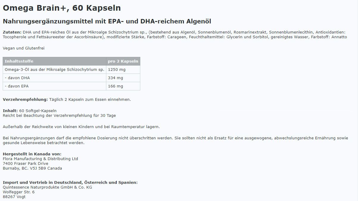 Textdokument mit Produktinformationen. Enthält Angaben zu Inhaltsstoffen, Dosierung und Hersteller. Vegan und glutenfrei.