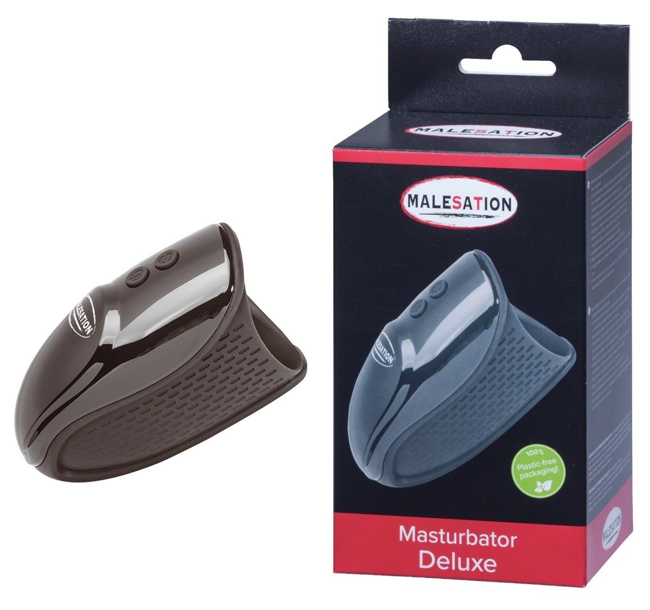 Masturbator 'Deluxe'. Braun, mit Bedienknöpfen. Verpackung mit Produktabbildung und Schriftzug 'MALESATION'.