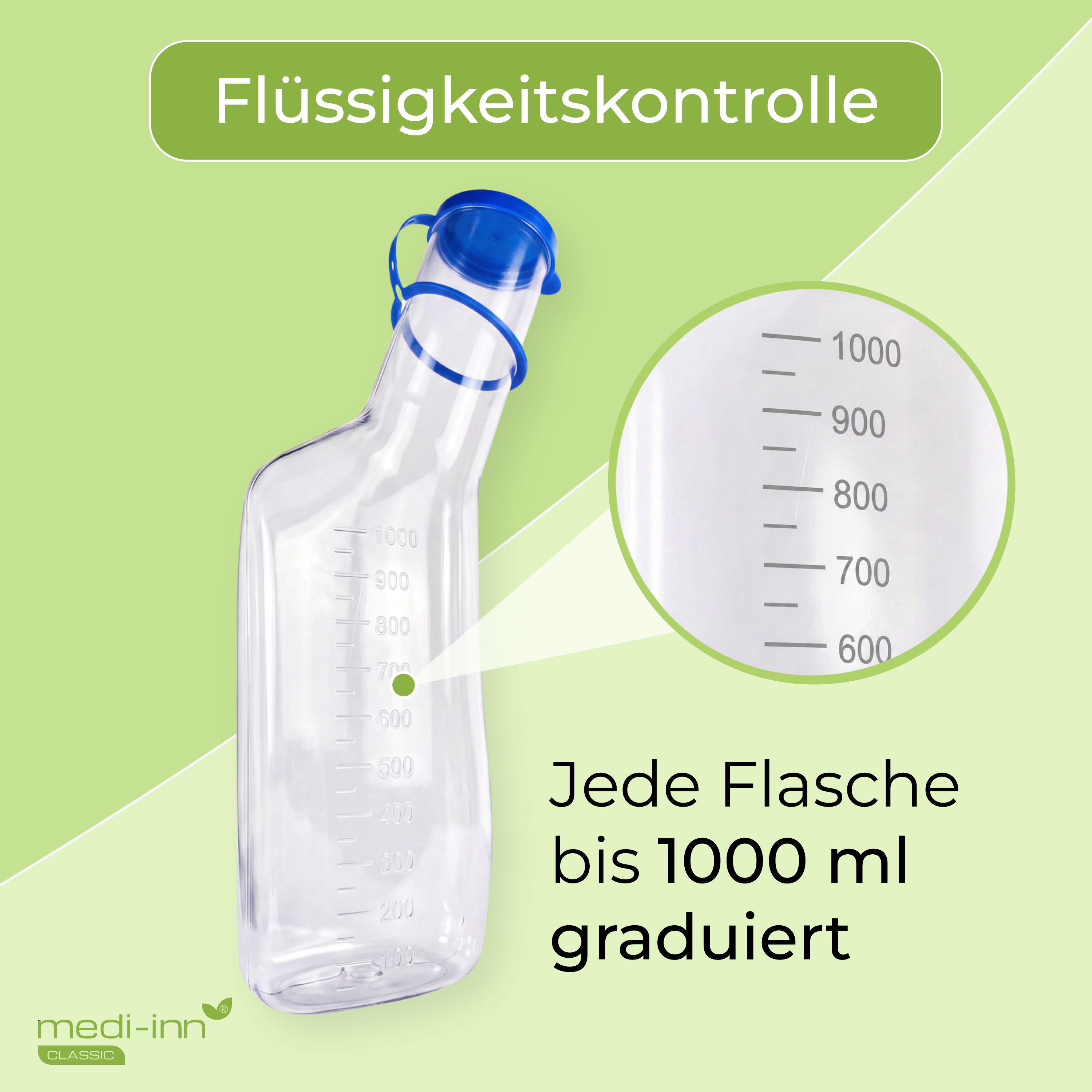 Urinflasche mit Messskala bis 1000 ml zur Flüssigkeitskontrolle.