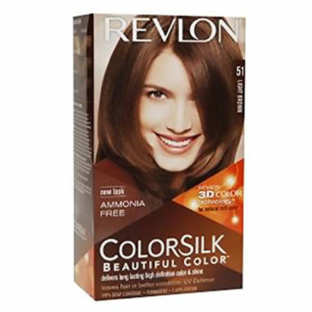Revlon Colorsilk Packung. Aufdruck: 51 Light Brown, Ammonia Free. Abbildung einer Frau mit braunen Haaren. Produktverpackung.