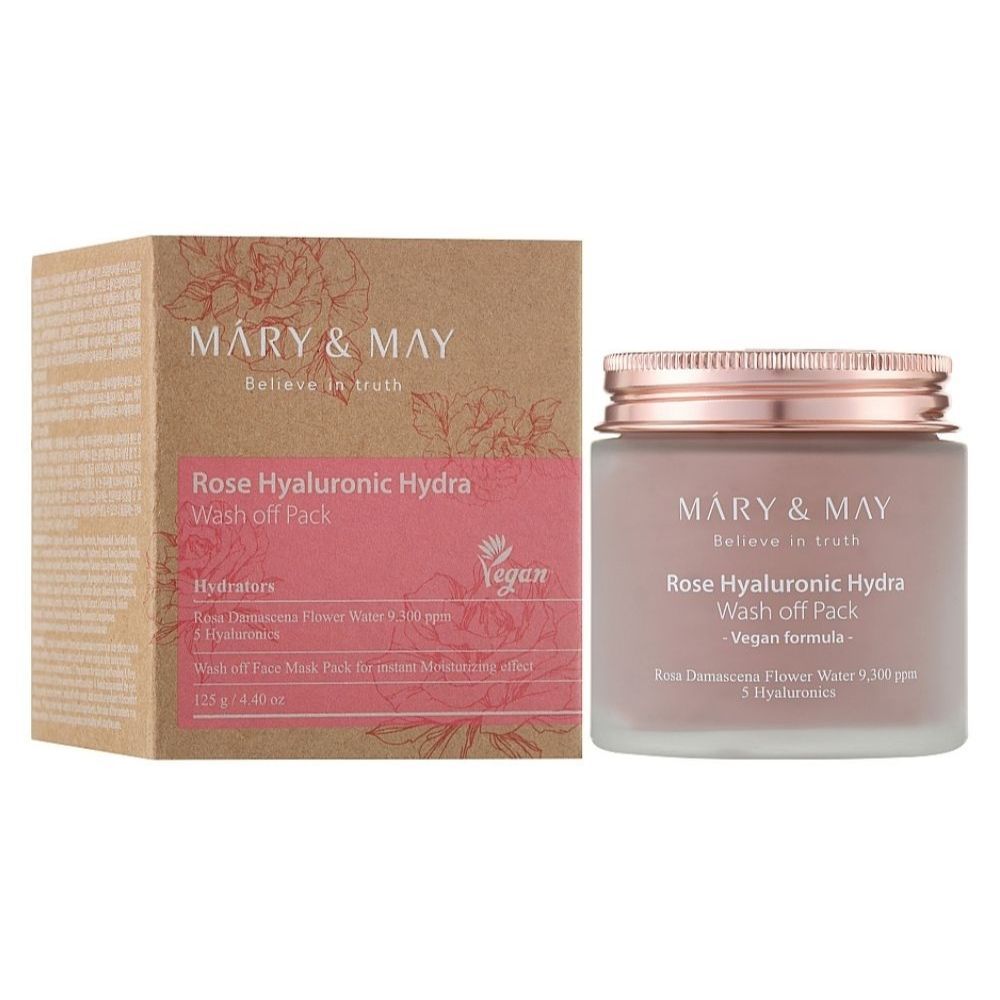 Mary & May Rose Hyaluronic Hydra Wash-off Pack, Glasbehälter und Kartonverpackung mit Rosenmotiv und Vegan-Siegel.