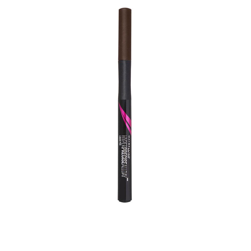 Flüssiger Eyeliner. Schwarzer Stift mit brauner Kappe. Schriftzug: Maybelline New York, Master Precise, liquid eyeliner.