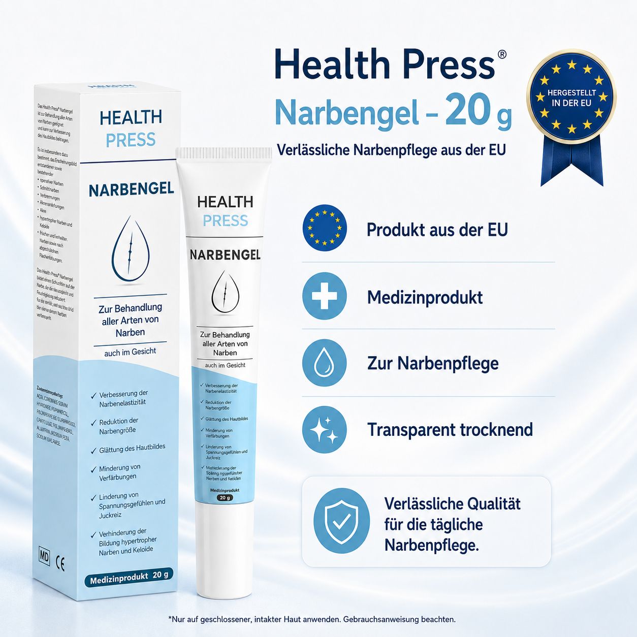 Health Press Narbengel 20g Tube und Faltschachtel mit EU-Qualitätssiegel und Produktinformationen.