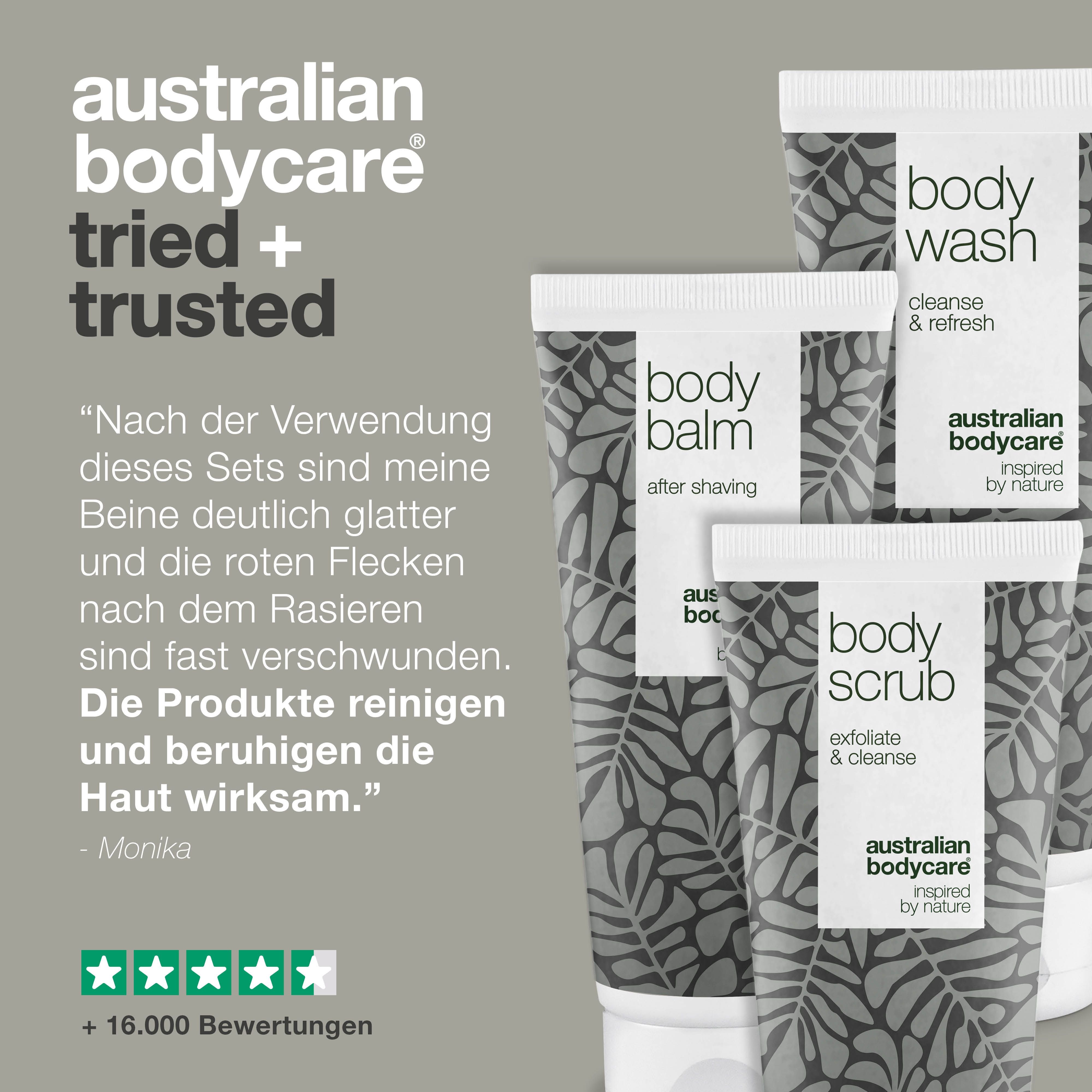 Drei Tuben mit Körperpflegeprodukten. Aufschrift: Body Balm, Body Wash, Body Scrub. Marke: Australian Bodycare.