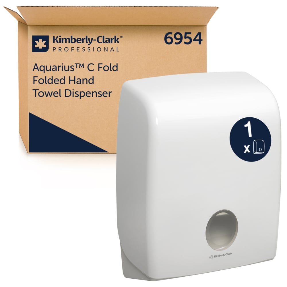 Weißer Handtuchspender mit rundem Ausgabefach. Auf der Verpackung steht "Aquarius C Fold". Die Verpackung zeigt "Kimberly-Clark Professional".