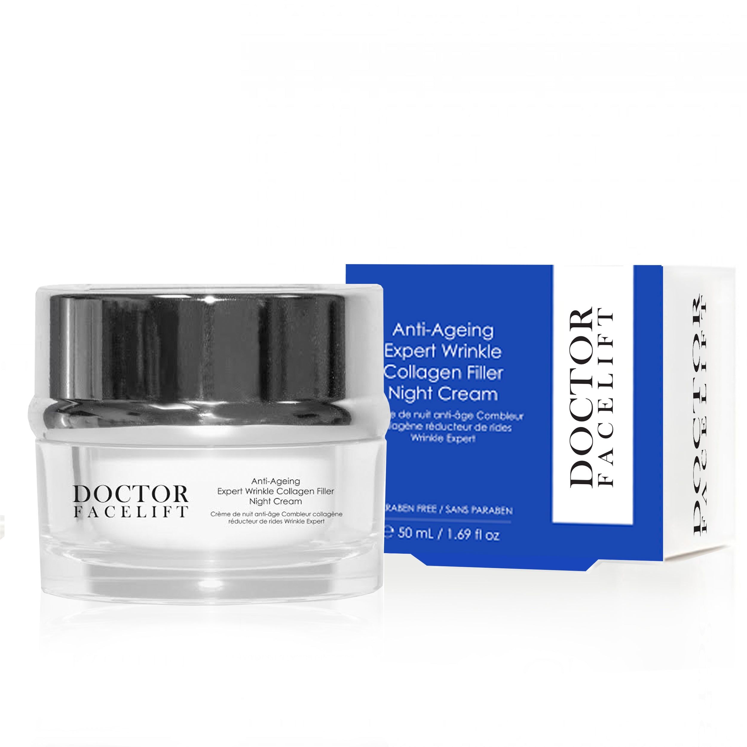 Creme-Glas mit silbernem Deckel und blauer Verpackung. Aufschrift: Anti-Ageing Expert Wrinkle Collagen Filler Night Cream.