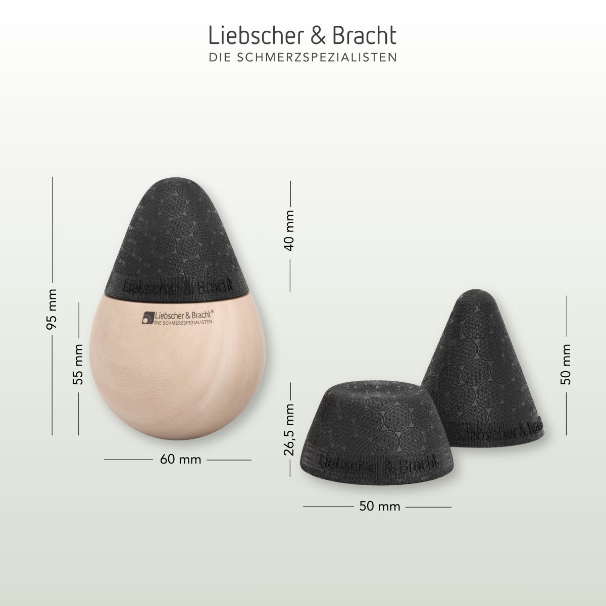 Drei Liebscher & Bracht Drücker mit Maßen: 95x60mm, 50x50mm, 40mm Höhe.