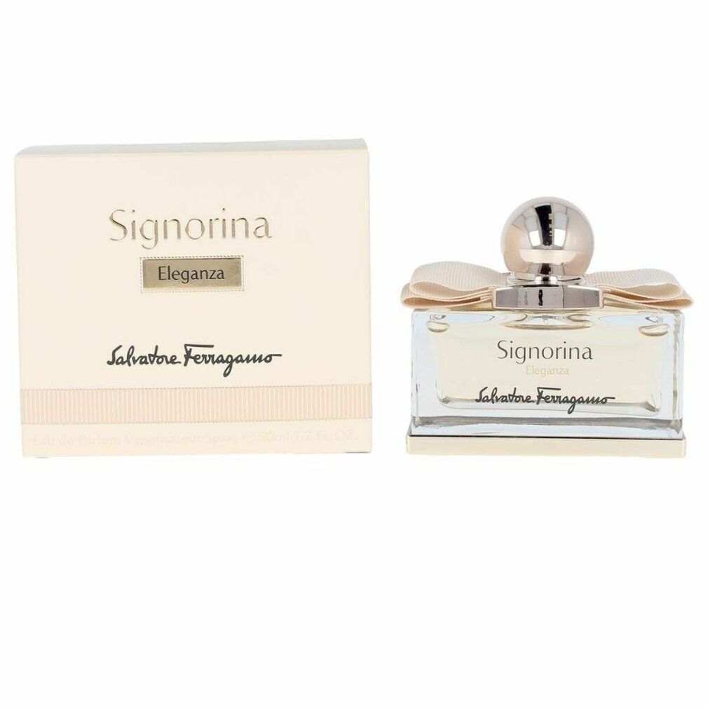 Flakon und Verpackung. Aufschrift Signorina Eleganza und Salvatore Ferragamo. Flakon mit Schleife.