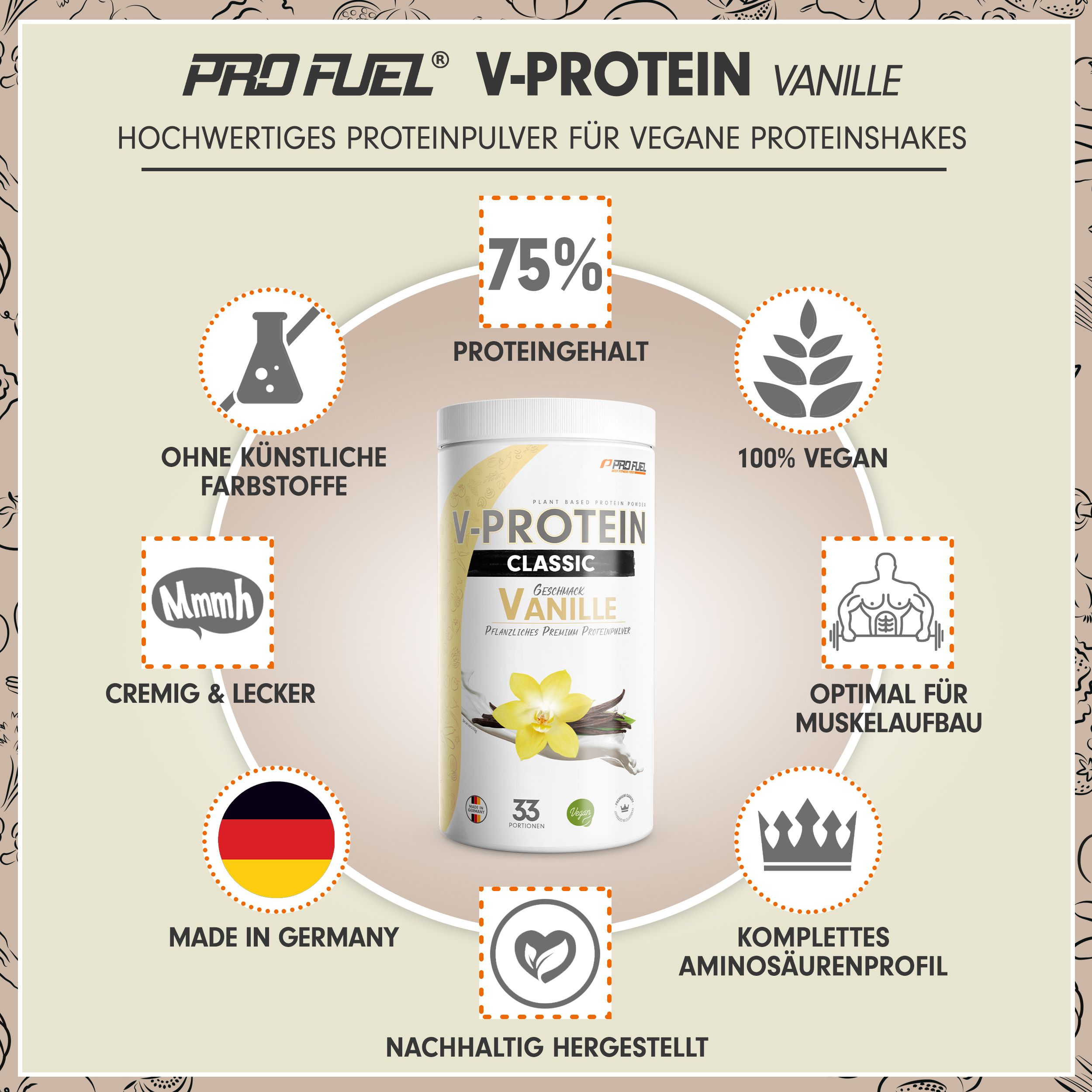 ProFuel - V-PROTEIN Classic - Vanille - veganes Proteinpulver mit 75% Protein