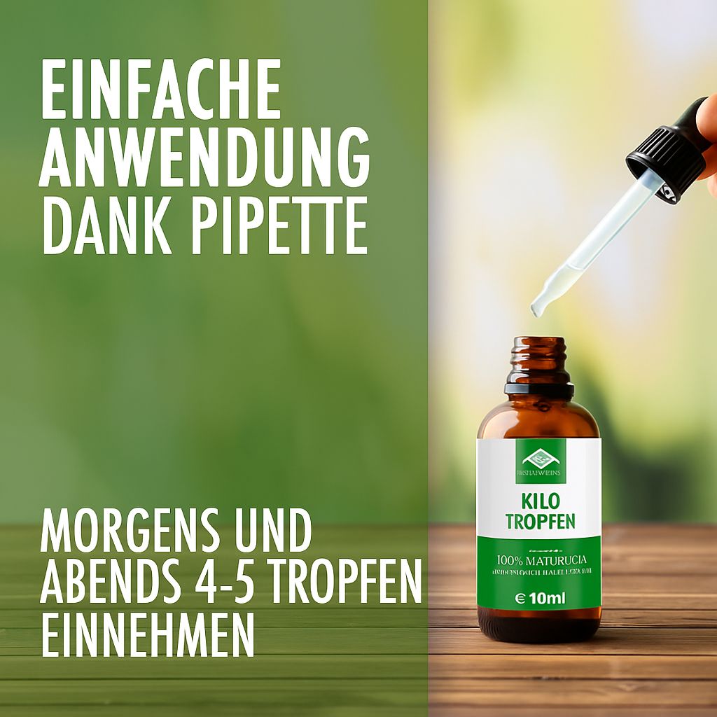 Flasche mit Pipette. Text: Einfache Anwendung dank Pipette. Morgens und abends 4-5 Tropfen einnehmen.
