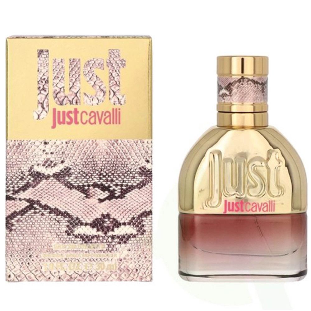 Flakon und Verpackung von Just Cavalli Eau de Toilette. Goldfarbene Flasche mit rosa Flüssigkeit. Verpackung mit Schlangenmuster.
