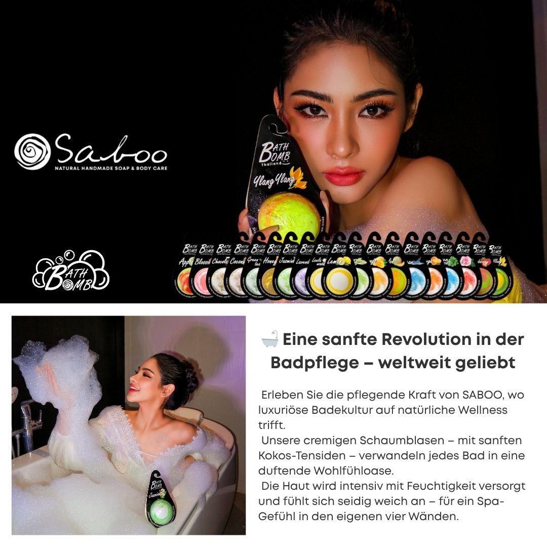 Frau in Badewanne mit Schaum. Reihe von Bad Bomben. Text: Saboo, Bath Bomb. Logos: SLS Free, Cruelty Free, GMP, ISO 9001.
