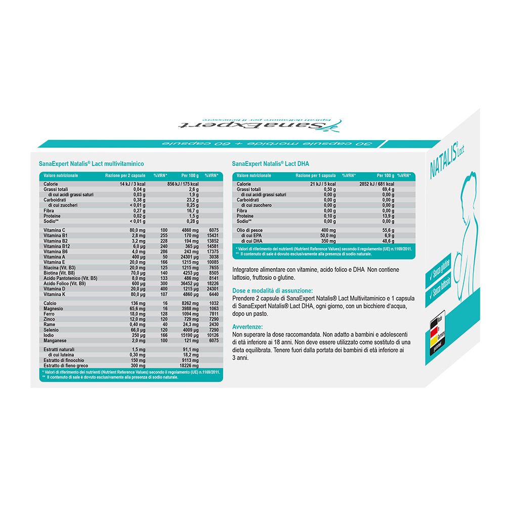 Rückseite der SanaExpert Natalis Lact Verpackung. Tabellen mit Nährwertinformationen. Logo: Frau mit Baby. Text: Natalis Lact.