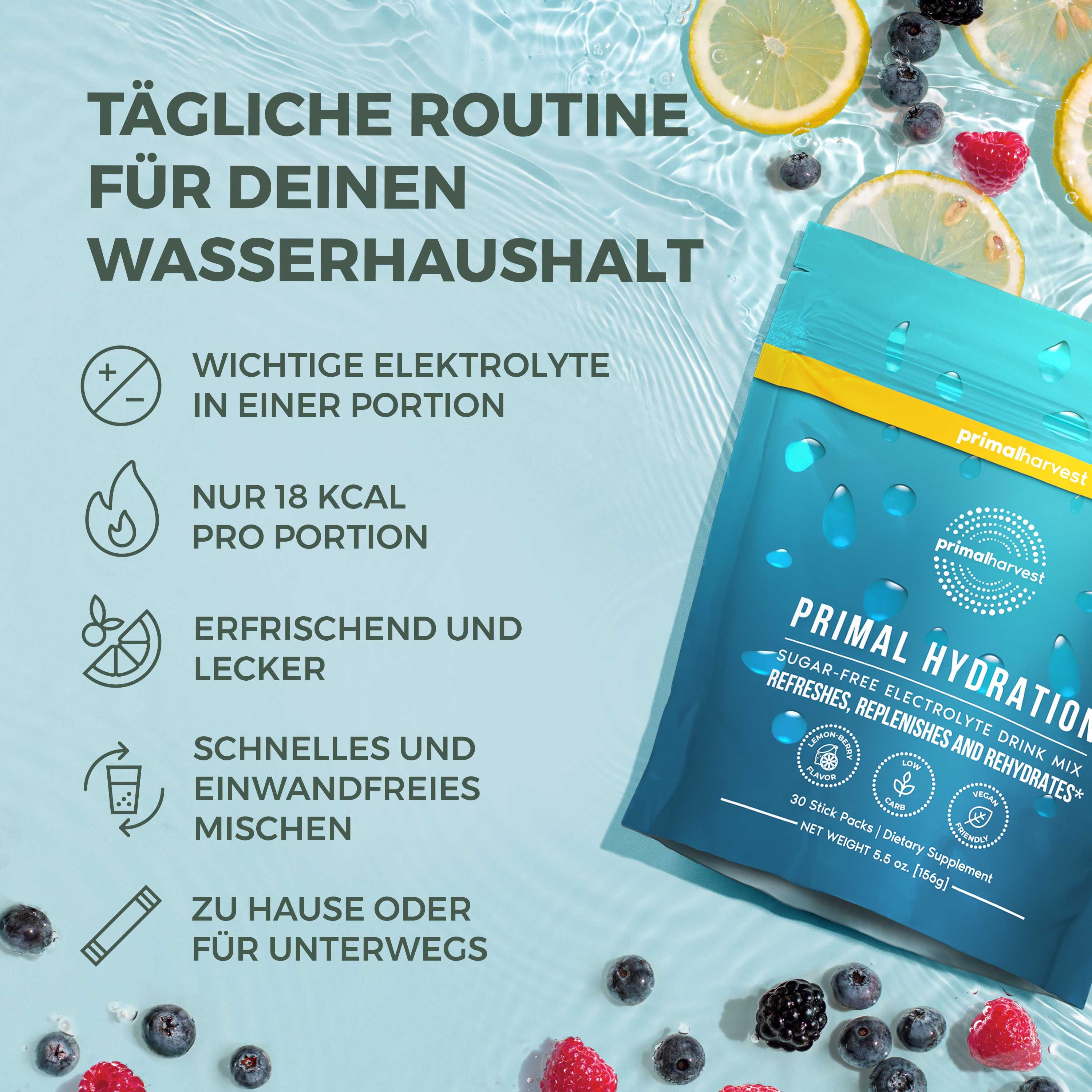Anleitung zur Anwendung von Primal Hydration. Ein Stick in einem Glas Wasser. 3 Schritte zur Anwendung.