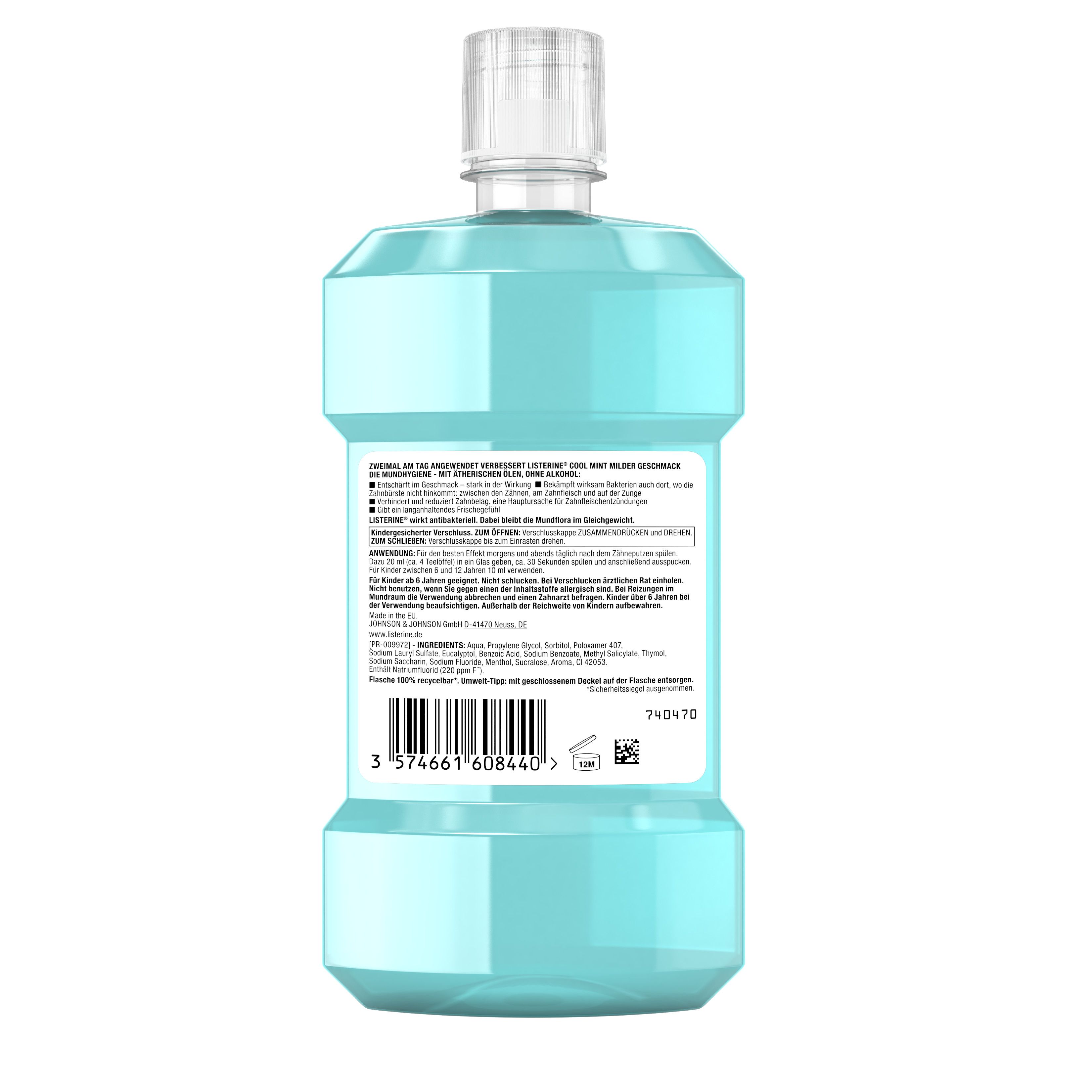Rückseite der Listerine Cool Mint Mundspülung. Enthält Informationen und Inhaltsstoffe. Blaue Flasche mit weißem Deckel.