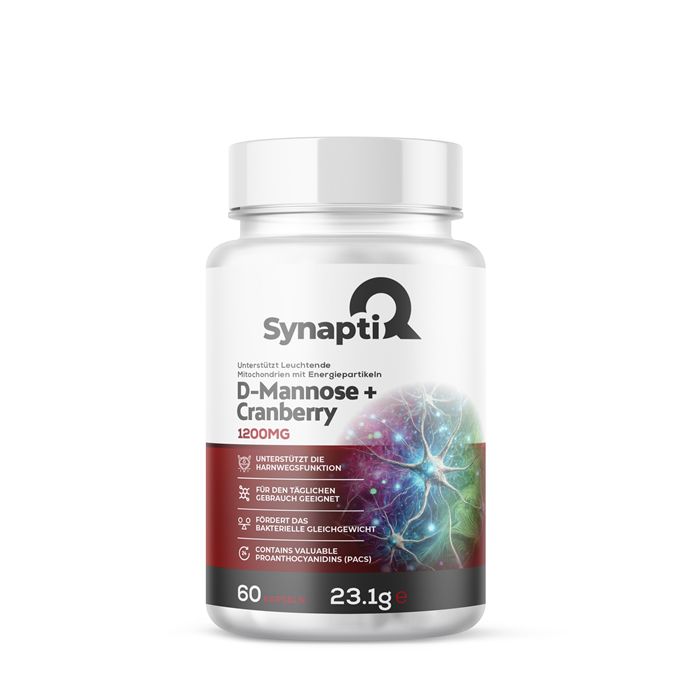 SynaptiQ®-Dose mit Kapseln. Enthält D-Mannose und Cranberry. Weiße Dose mit rotem Etikett. 60 Kapseln, 23,1g.