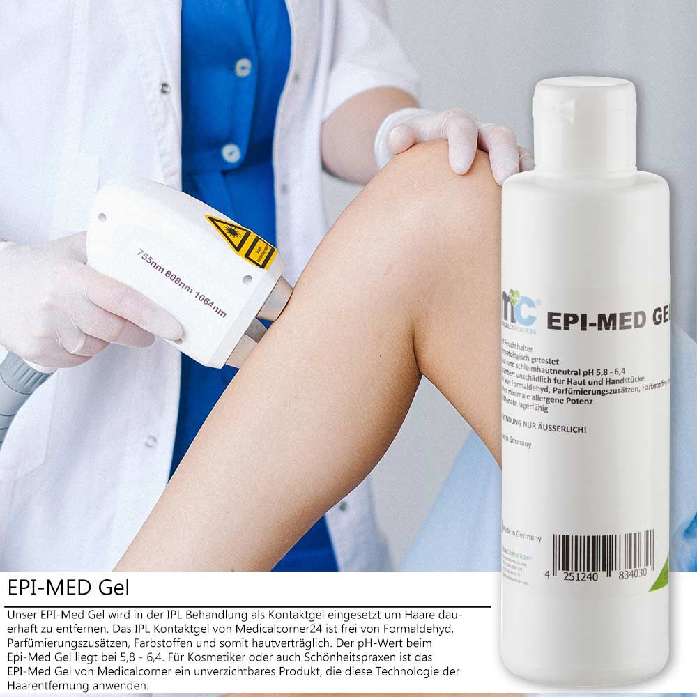 Anwendung von Epi-Med Gel während einer IPL-Behandlung am Bein. Flasche des Gels daneben.