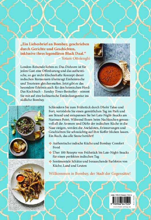 Buchrückseite: Text, Fotos von Gerichten, Empfehlung von Yotam Ottolenghi, ISBN-Code, goldfarbenes Muster.