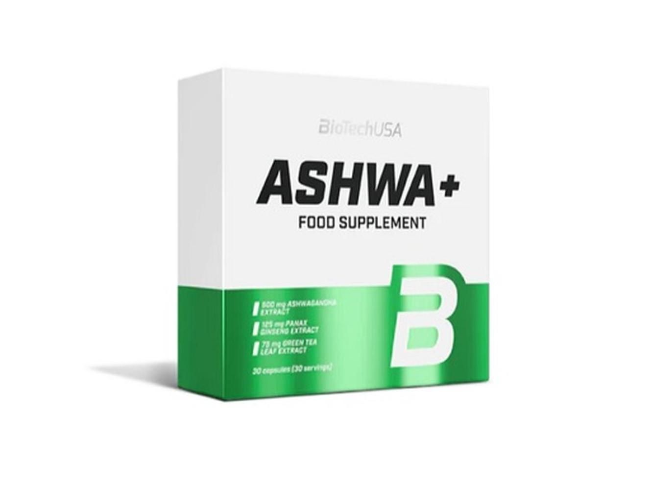 Weiße Schachtel mit grünem Streifen. Aufschrift: Ashwa+ Food Supplement. Enthält 30 Kapseln. Marke: BioTechUSA.