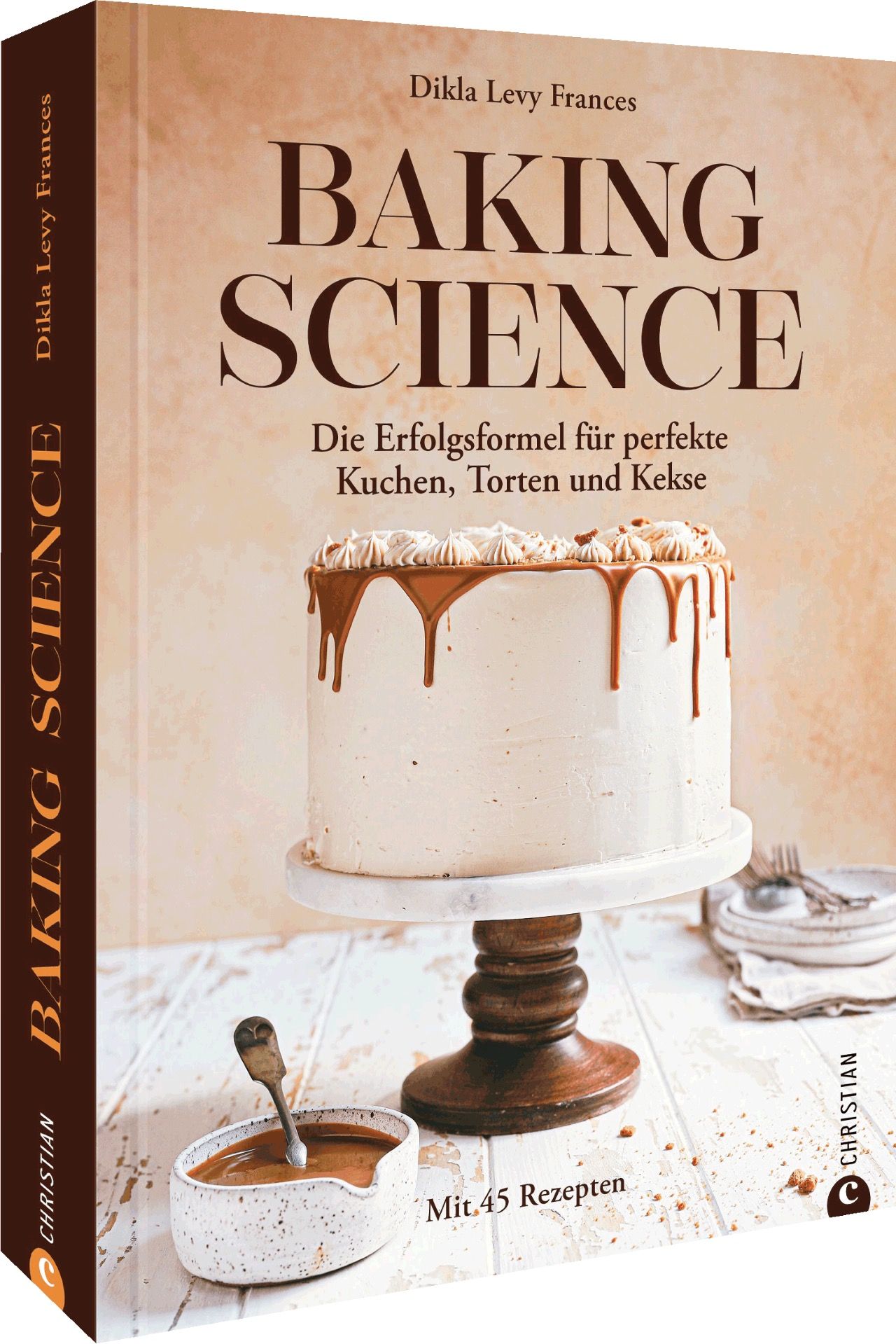 Buchcover von "Baking Science". Titel und Autor sichtbar. Kuchen auf Tortenständer. Christian Verlag.