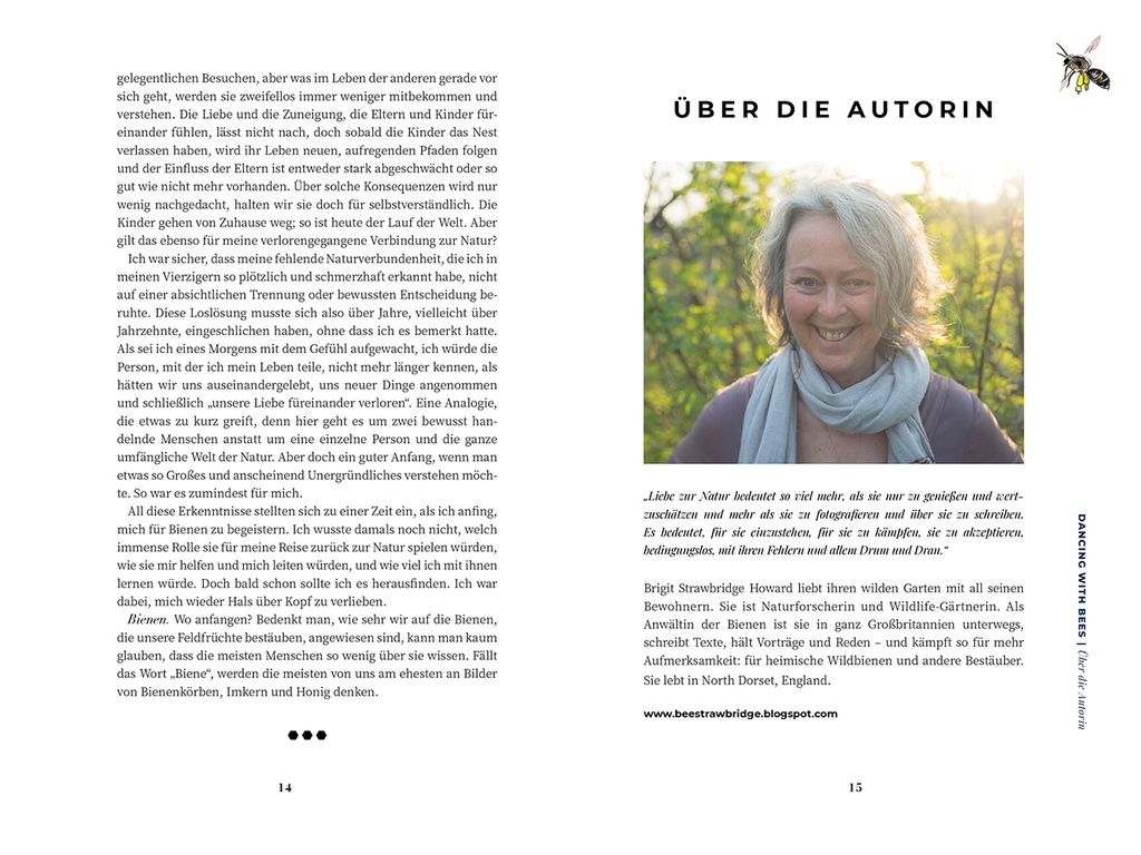 Buchseite mit Text und Foto. Titel: Dancing with Bees. Verlag Löwenzahn. Foto einer Frau mit Text über die Autorin.
