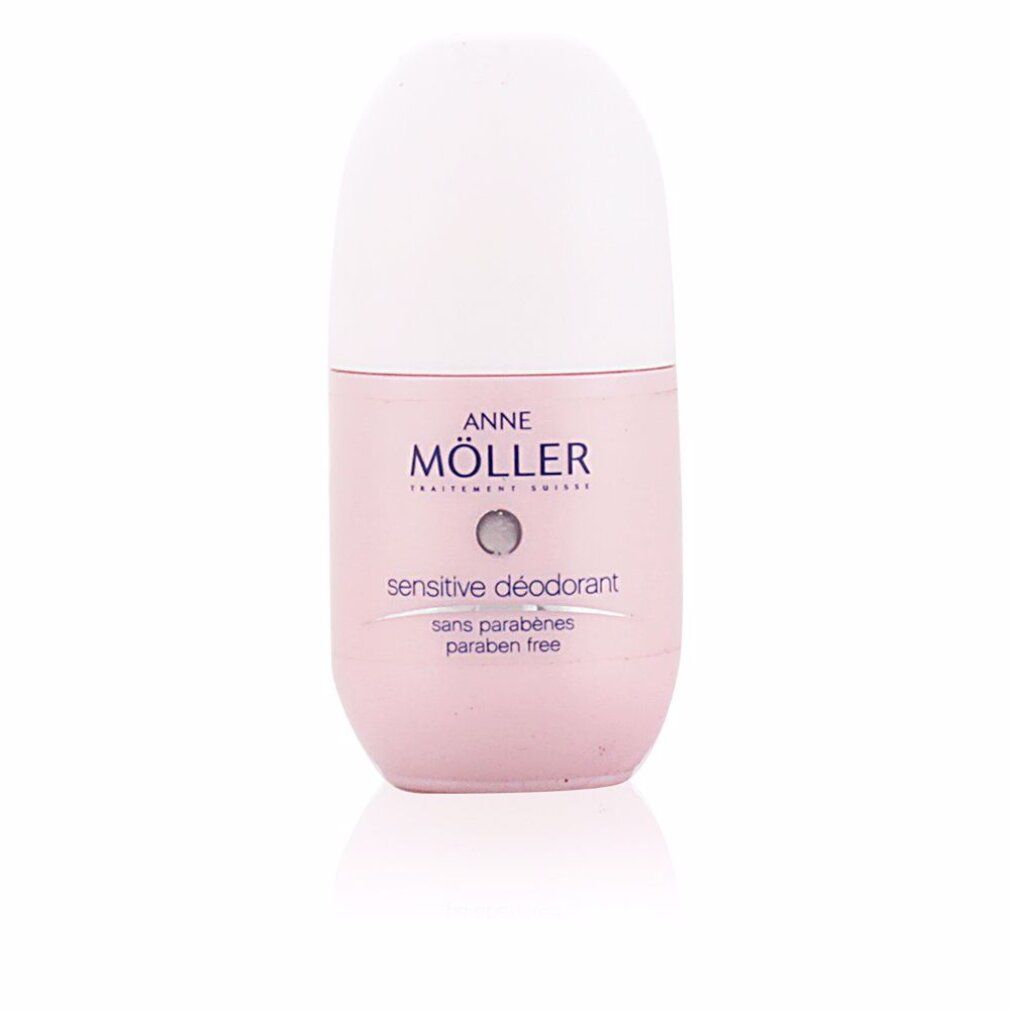 Rosa Roll-on-Deodorant mit weißem Deckel. Aufschrift: ANNE MÖLLER, sensitive deodorant, sans parabènes, paraben free.