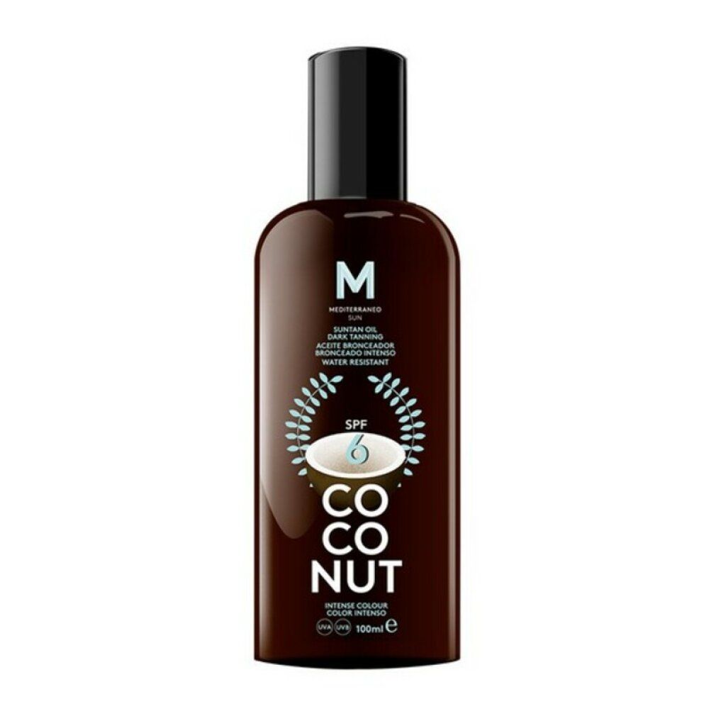 Braune Flasche mit Sprühkopf. Aufschrift: M, Suntan Oil, Coconut, SPF 6. Wasserfest. 100ml.