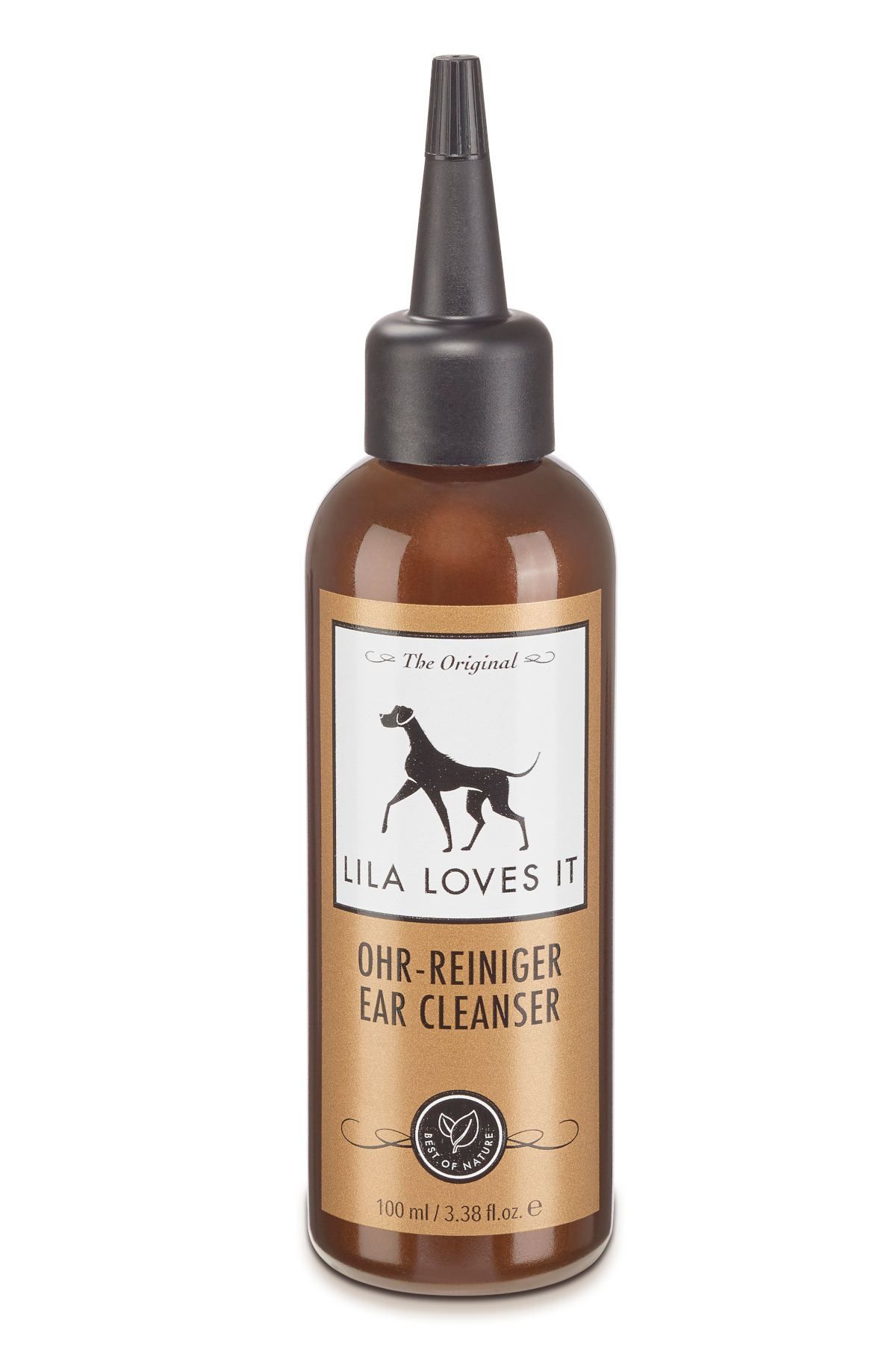 Braune Flasche mit schwarzem Verschluss und Etikett. Aufschrift: LILA LOVES IT Ohr-Reiniger. Logo: Hund. 100 ml.