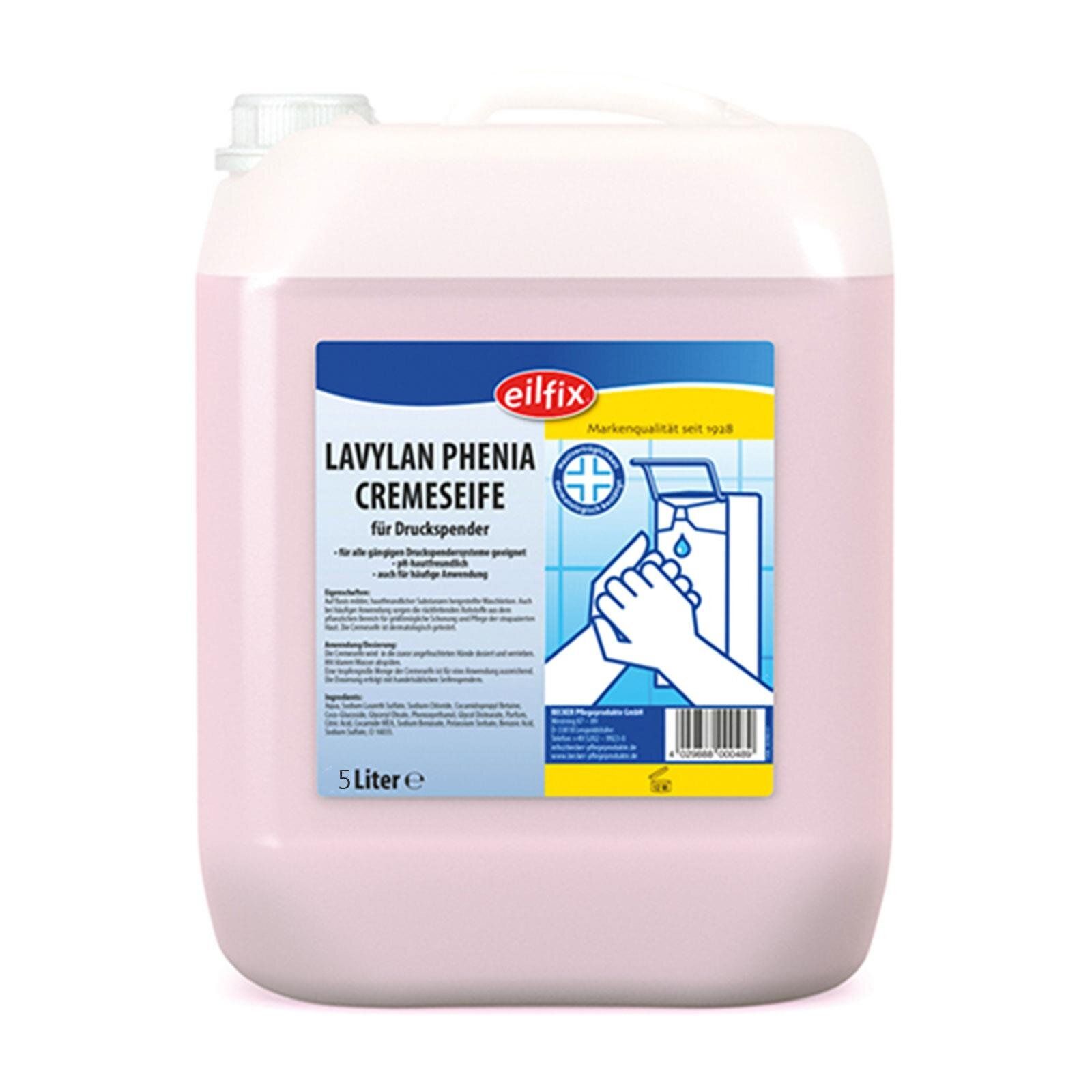 Rosa Kanister mit Etikett. Aufschrift: Lavylan Phenia Cremeseife, 5 Liter. Marke: Eilfix. Abbildung: Hände unter Seifenspender.