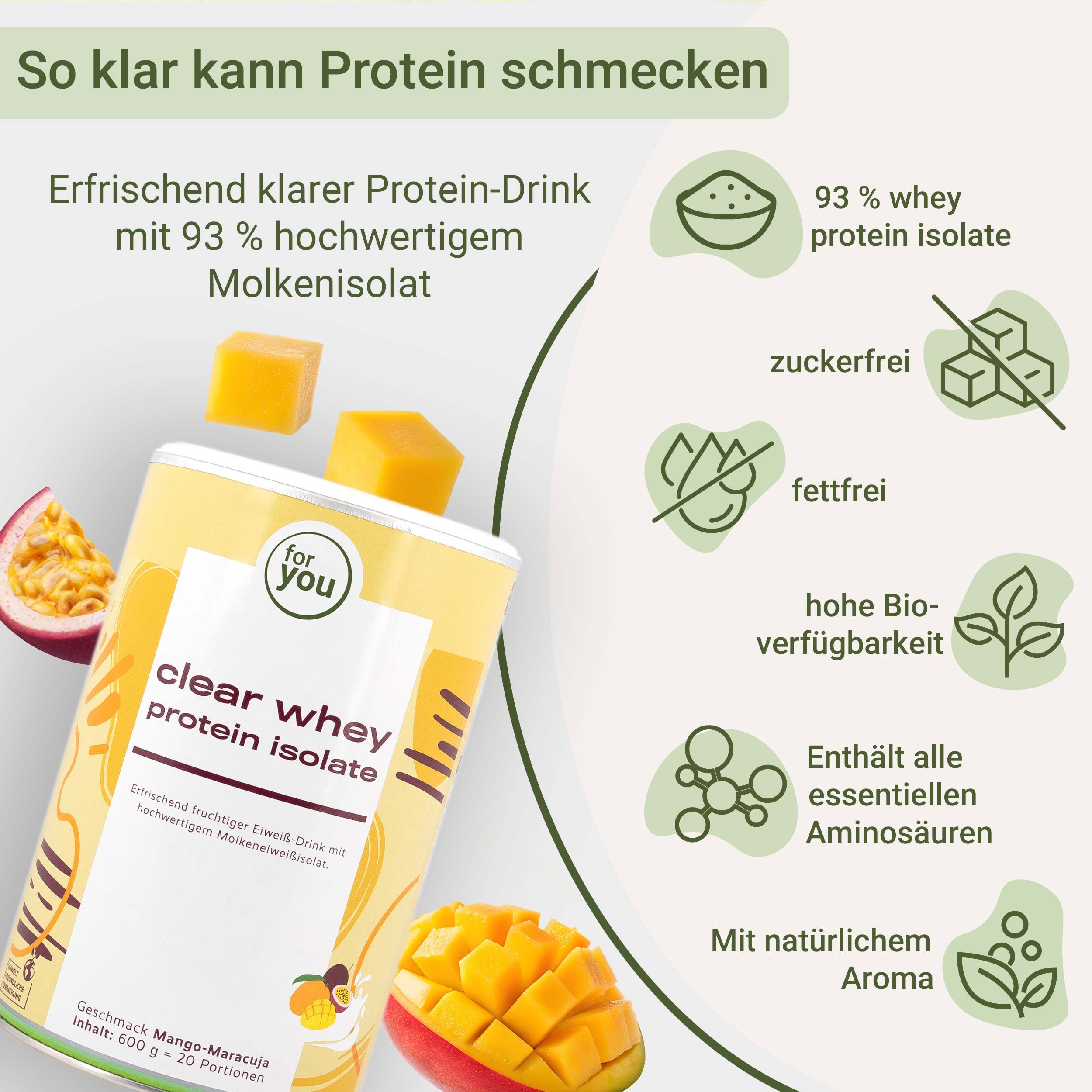 Dose mit 'for you clear whey protein isolate'. Text: zuckerfrei, fettfrei, enthält Aminosäuren, mit natürlichem Aroma.
