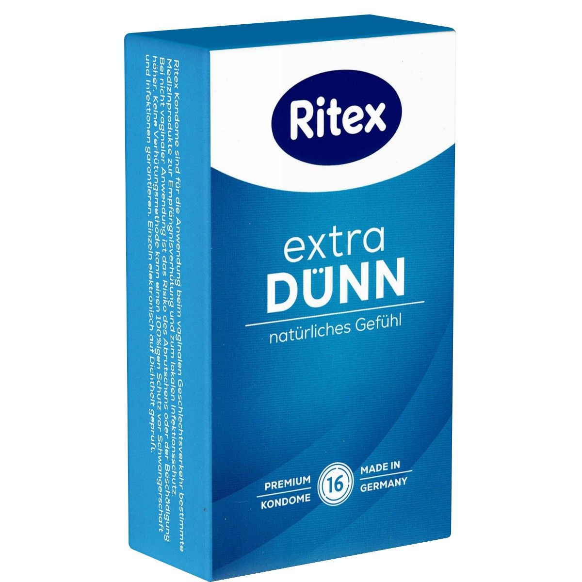 Blau-weiße Schachtel mit Ritex-Logo. Aufschrift: extra DÜNN, natürliches Gefühl. 16 Kondome, Premium. Hergestellt in Deutschland.