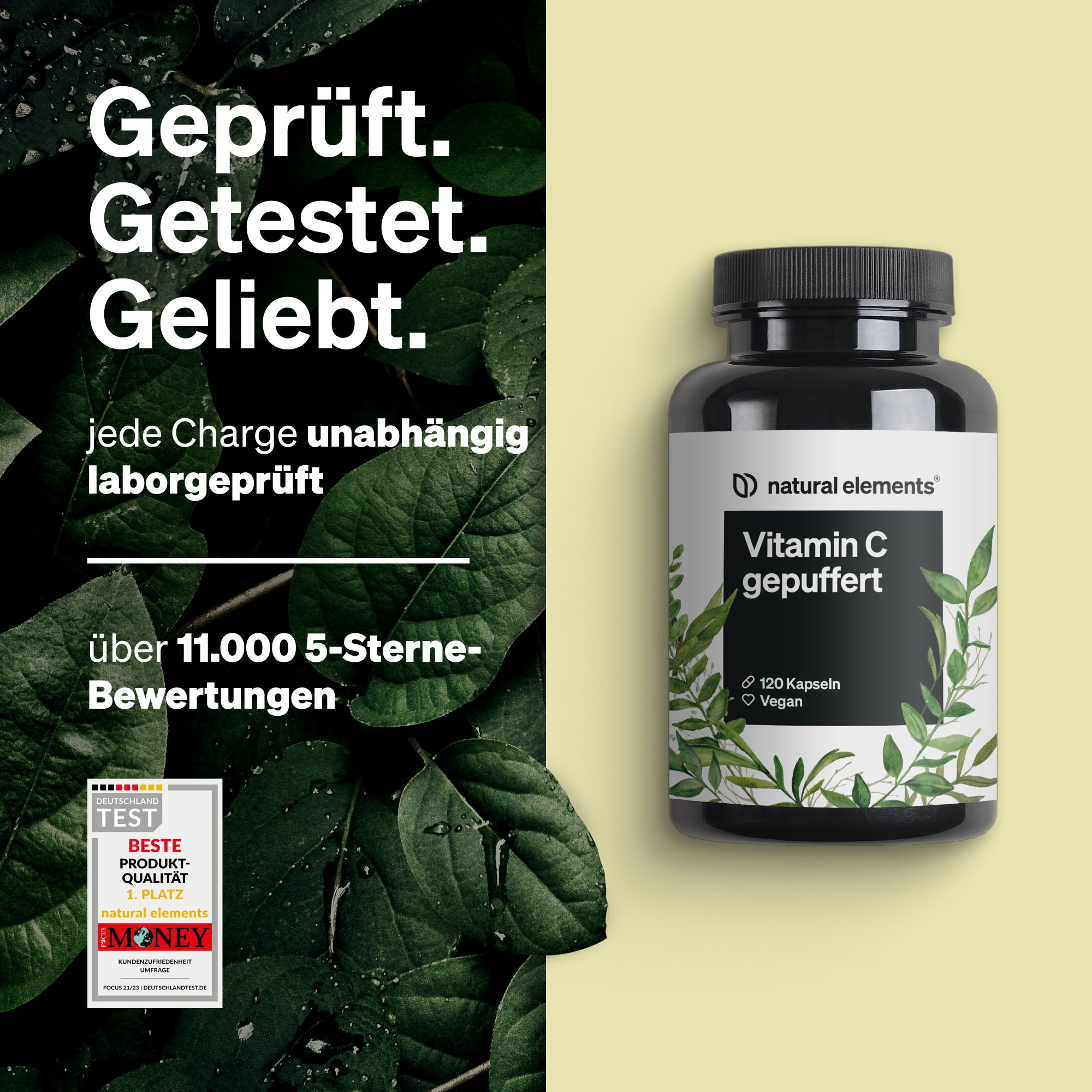 natural elements Vitamin C gepuffert 500mg – 120 Kapseln – magenschonend – pflanzliche Fermentation