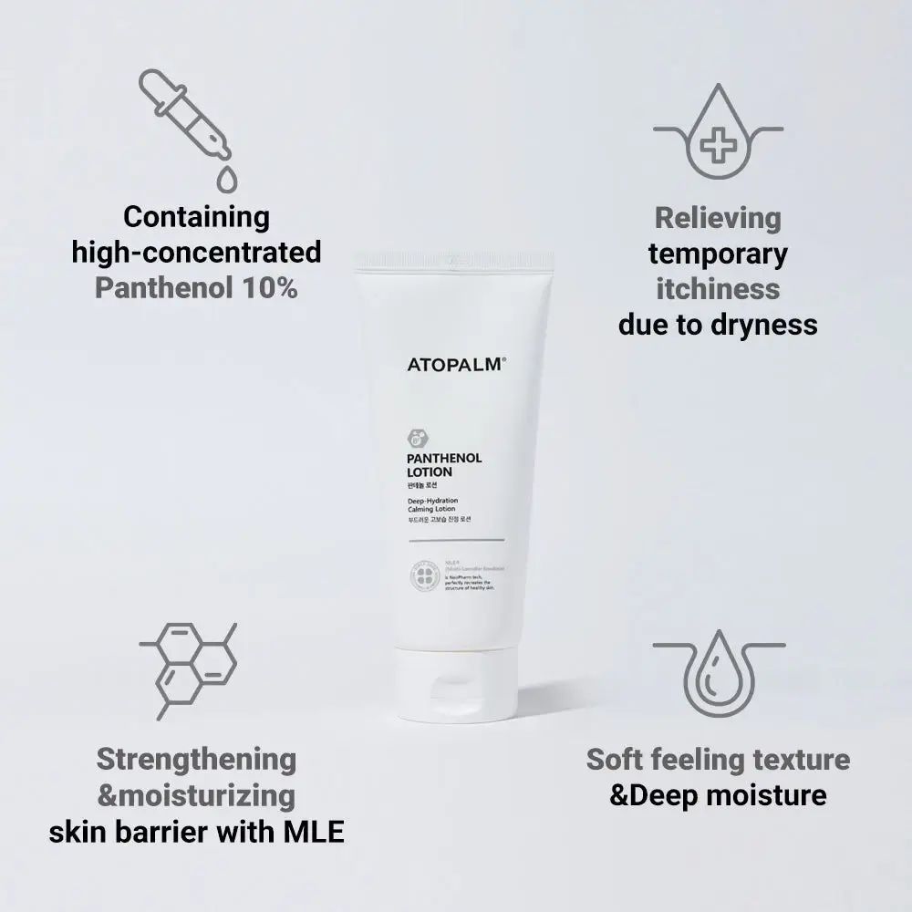 Weiße Tube ATOPALM Panthenol Lotion. Text: Deep Hydration Calming Lotion. Grafiken: Panthenol 10%, Linderung Juckreiz, Hautbarriere.