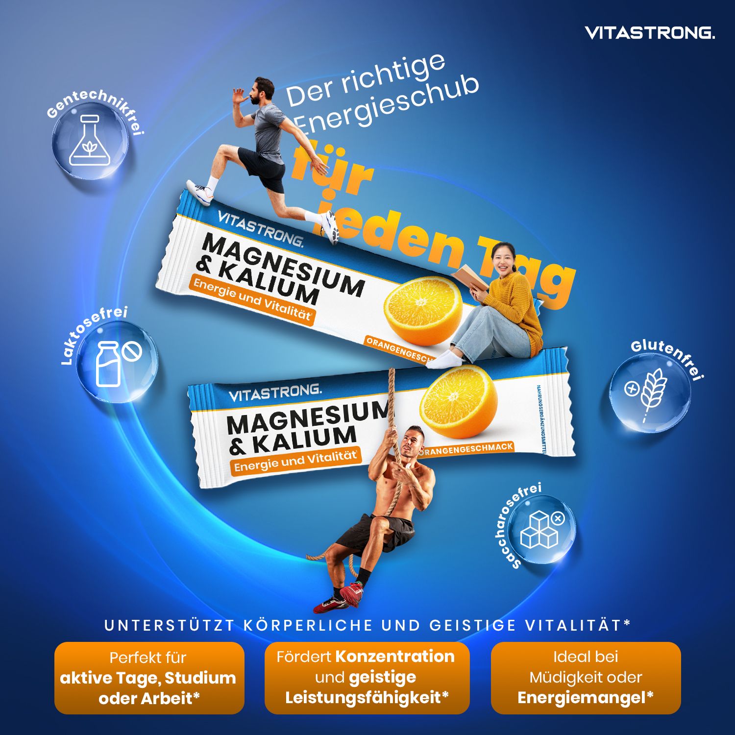 Vitastrong Magnesium & Kalium. 2 Sticks, Orangen-Geschmack. Personen im Hintergrund. Ohne Laktose, Gluten, GVO. Produktabbildung.