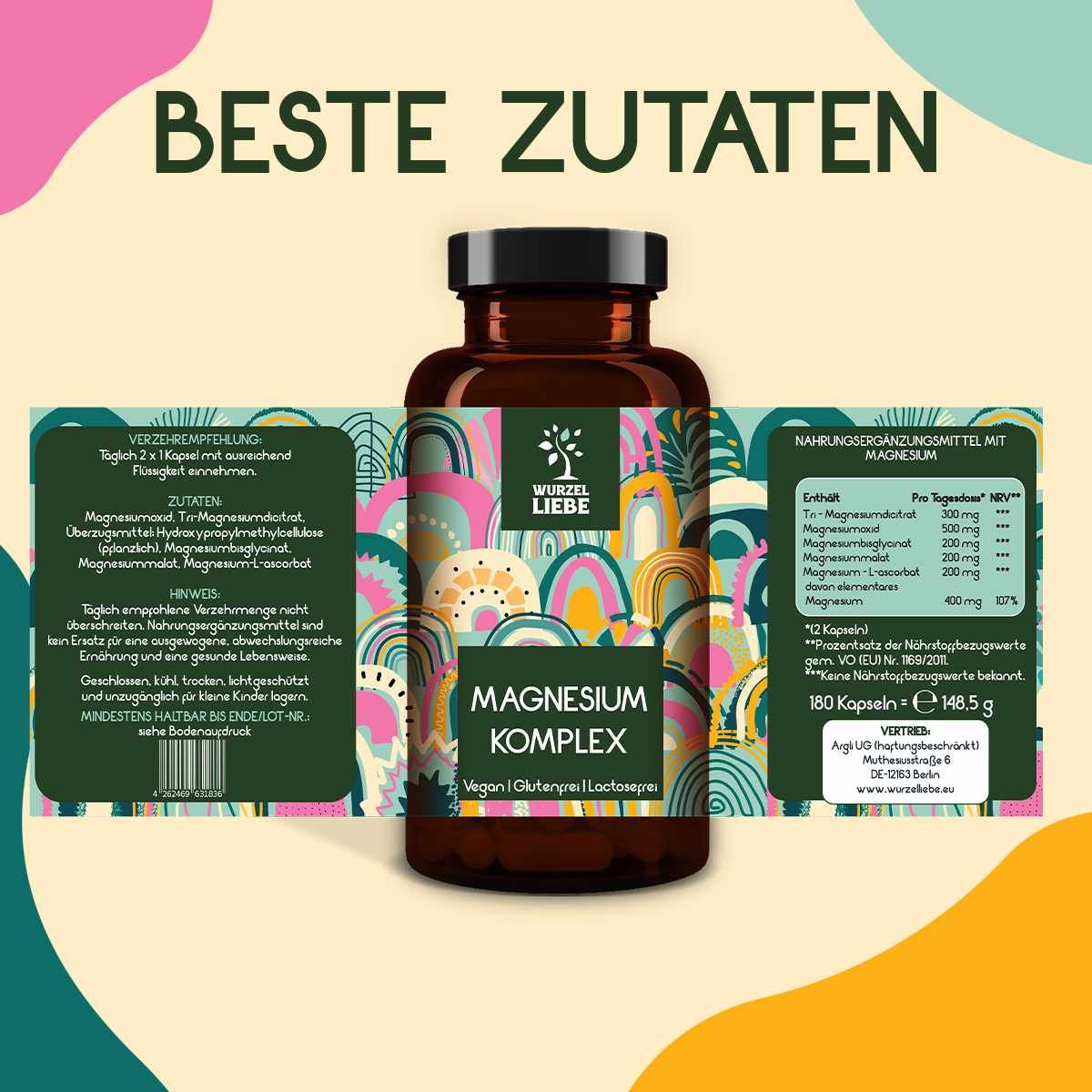 Braune Flasche mit Etikett. Aufschrift: WURZELLIEBE® Magnesium Komplex. Nährwertangaben, Zutaten, Verzehrempfehlung, 180 Kapseln.