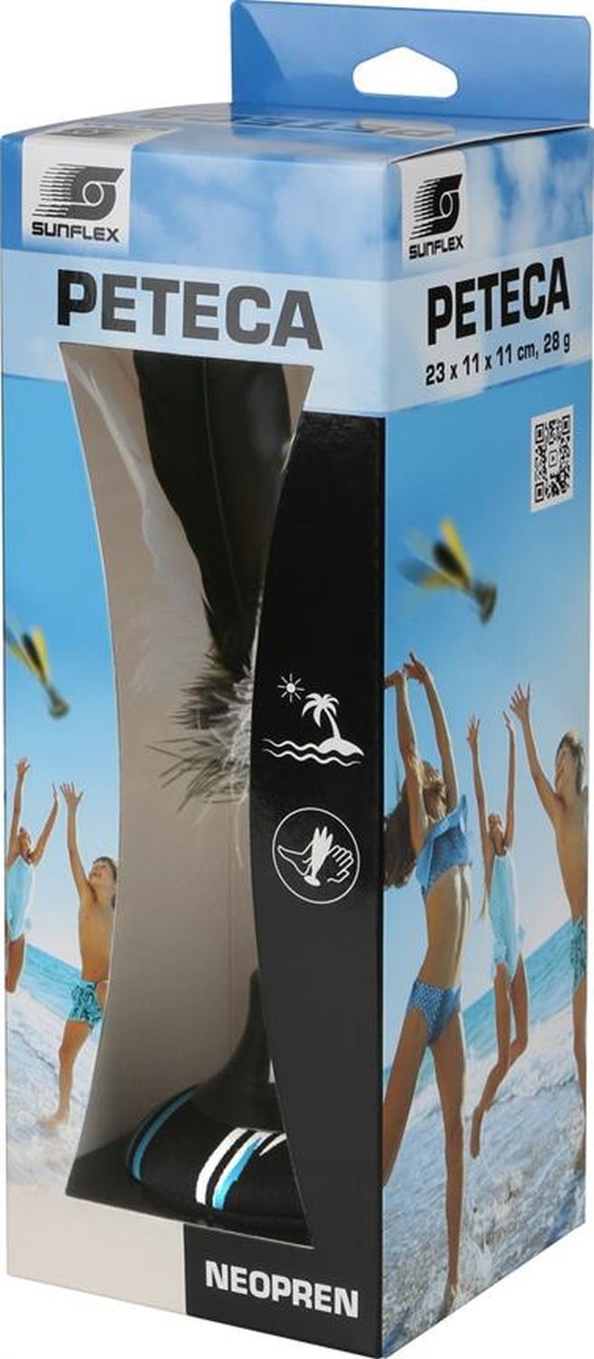 Verpackung der Peteca. Produktname und Marke Sunflex. Neopren-Material. Abbildung von Strand und spielenden Kindern.