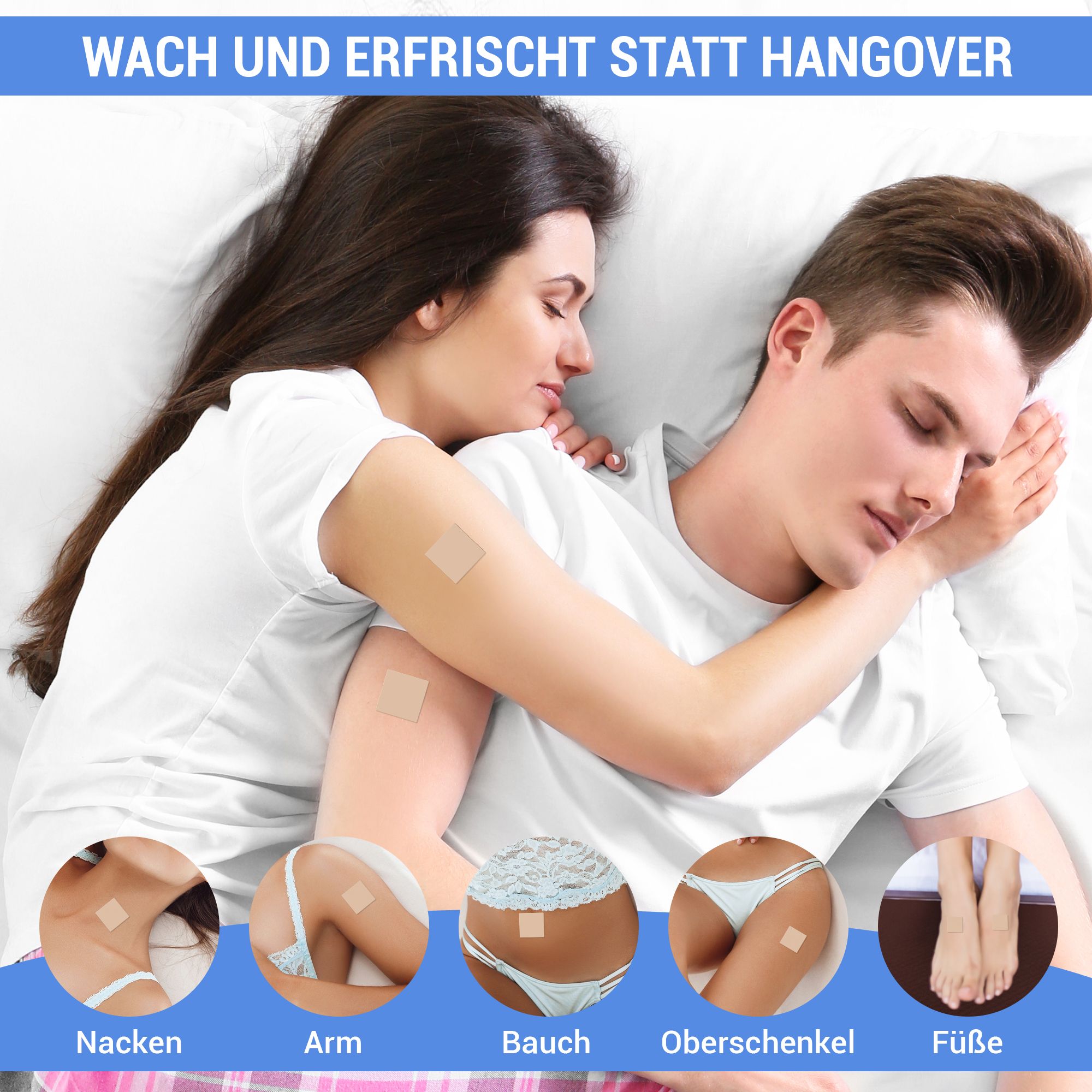 Paar im Bett, Pflaster auf Nacken, Arm, Bauch, Oberschenkel und Füßen. Marke: Perfekt-Schlafen24. Produktabbildung.