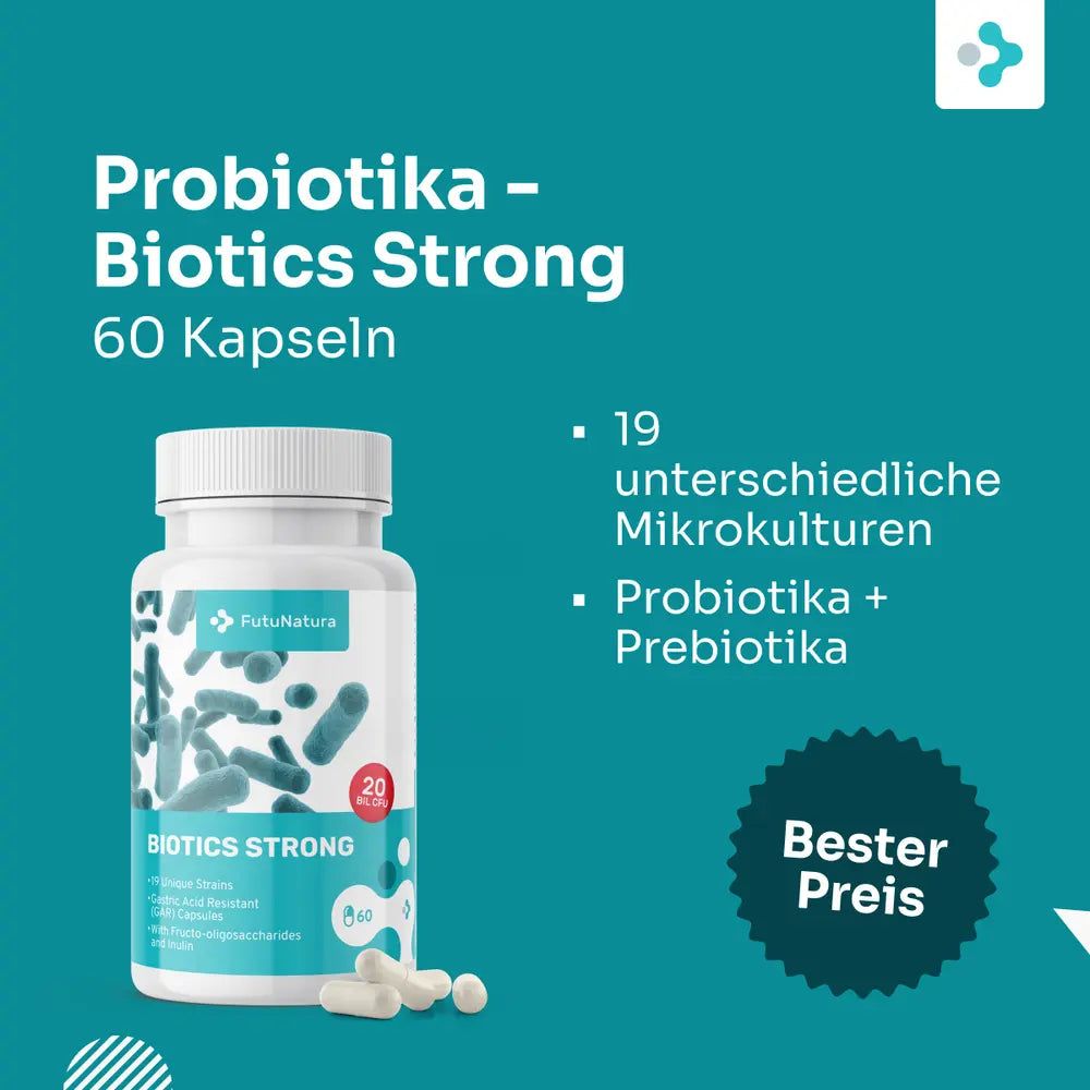 Produktabbildung auf blauem Hintergrund. Flasche mit Kapseln. Text: Probiotika - Biotics Strong, 60 Kapseln.