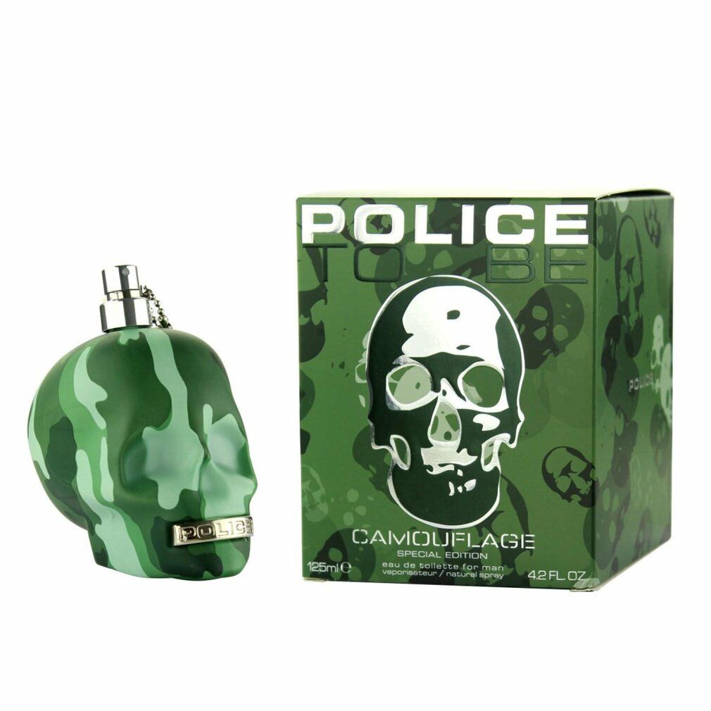 Parfümflakon und Verpackung. Grün mit Camouflage-Muster. Marke: Police To Be Camouflage Special Edition.
