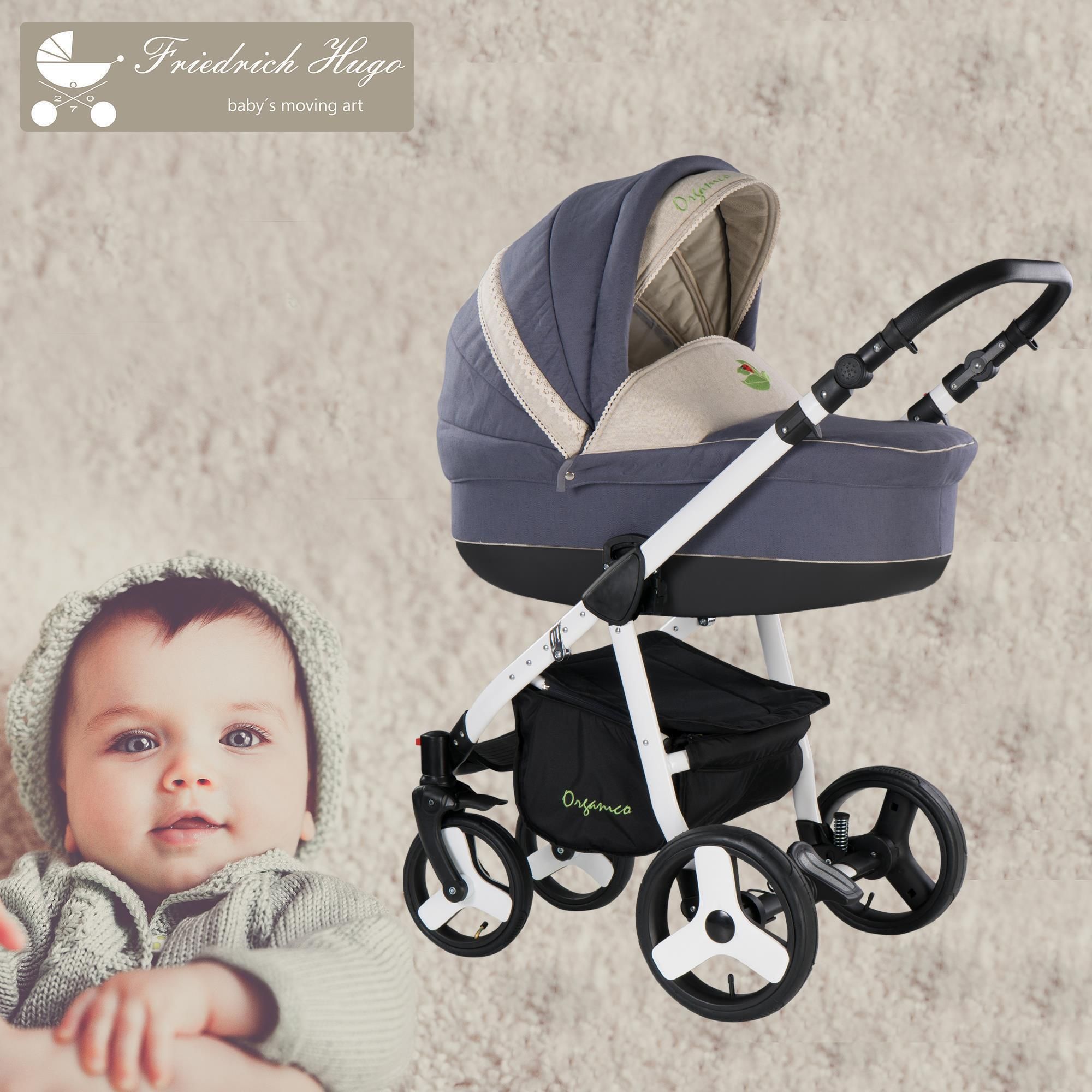 Friedrich Hugo Organico 2 in 1 Kombikinderwagen, Nature Mix Grau - Gestell Weiß