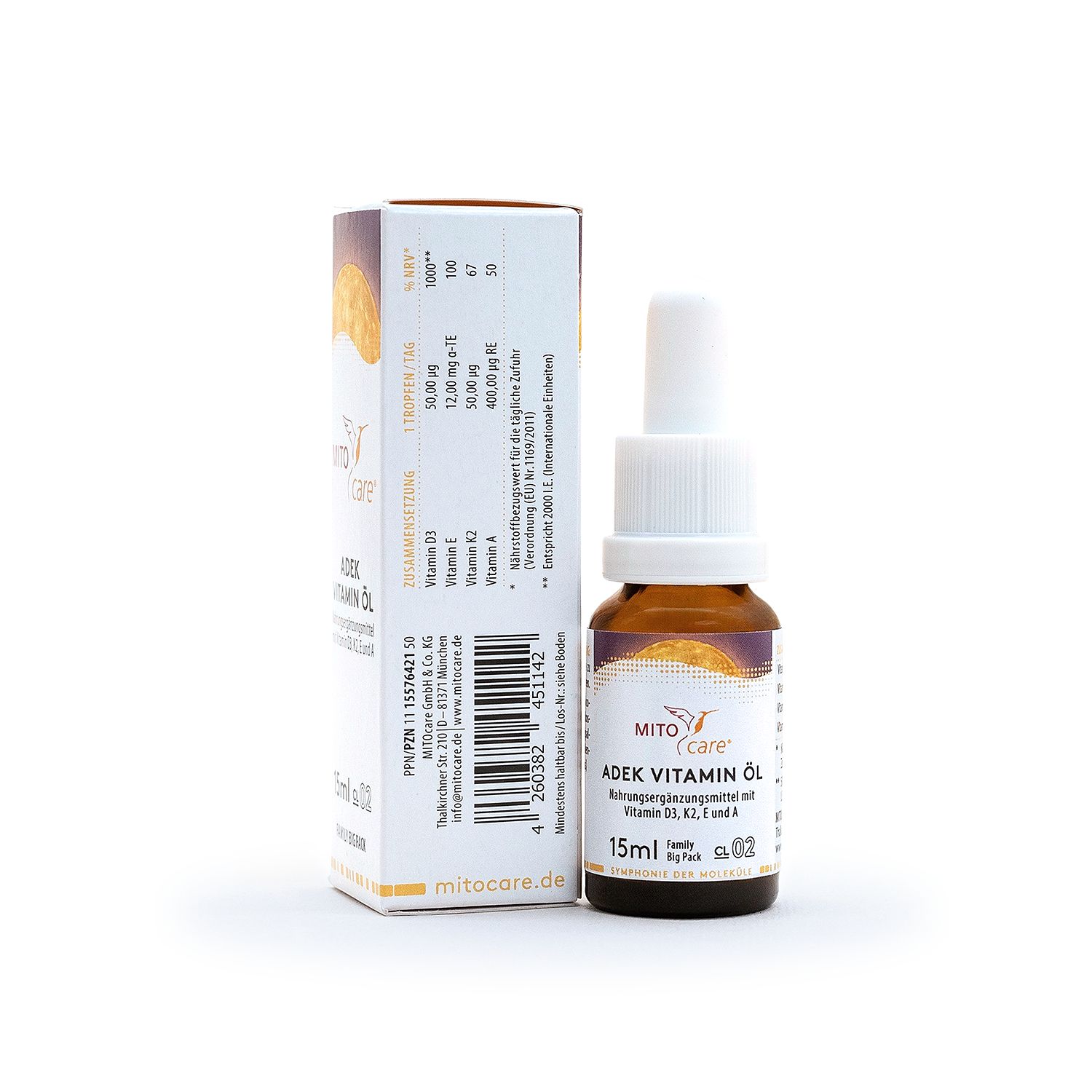 MITOcare ADEK Vitamin Öl: Rückseite der Faltschachtel mit Nährwertangaben und Flasche. 15ml.