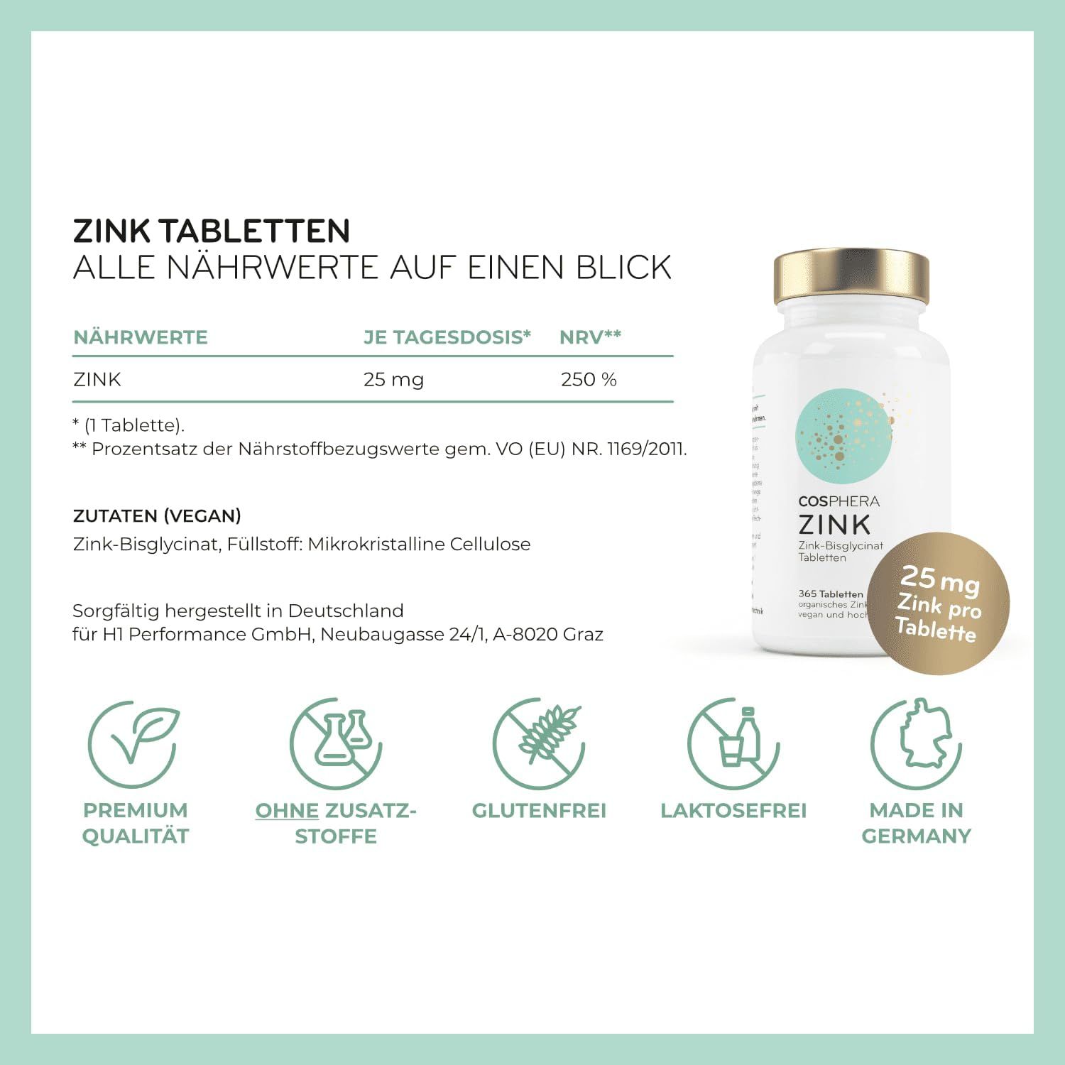 Cosphera Zink Tabletten: Übersicht der Nährwerte, Zutaten und Siegel wie 'Made in Germany'.