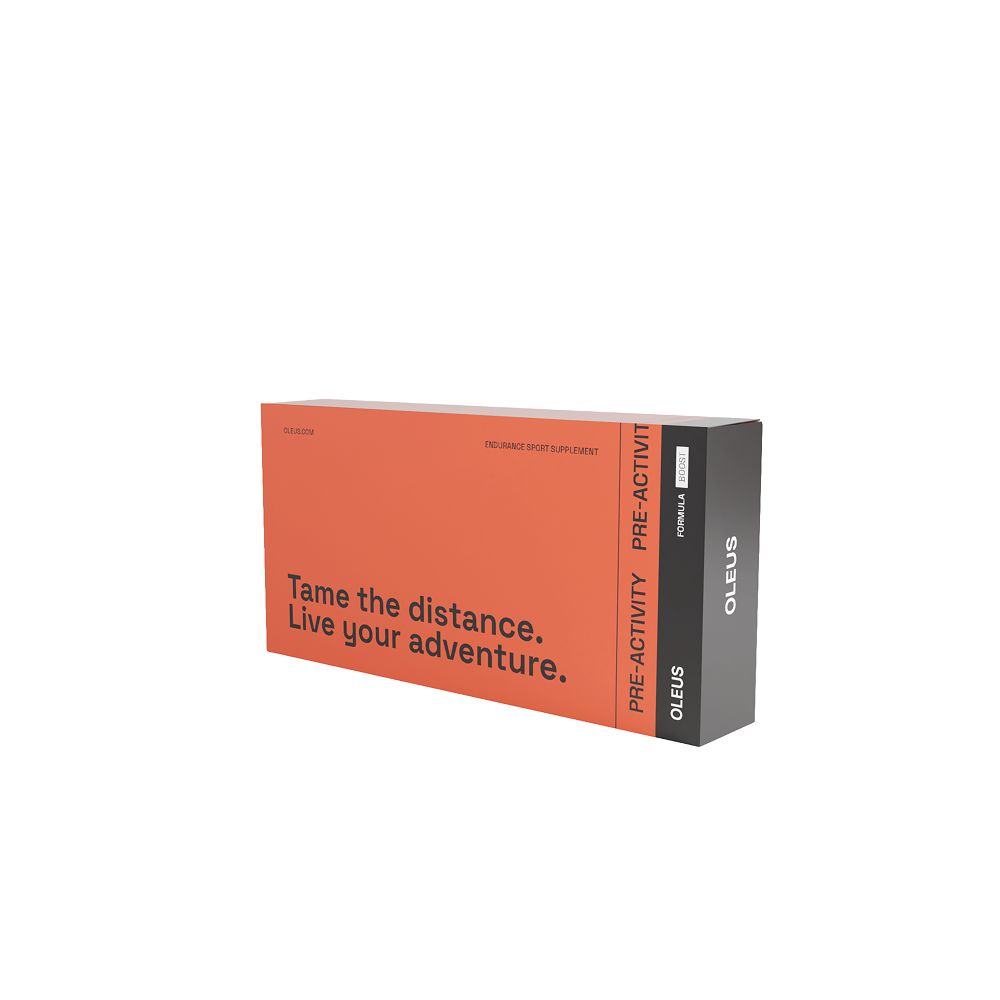 Produktverpackung, orangefarben mit Text. Produktname OLEUS. Schwarzer Streifen mit Text. Runde 2.0-Grafik.