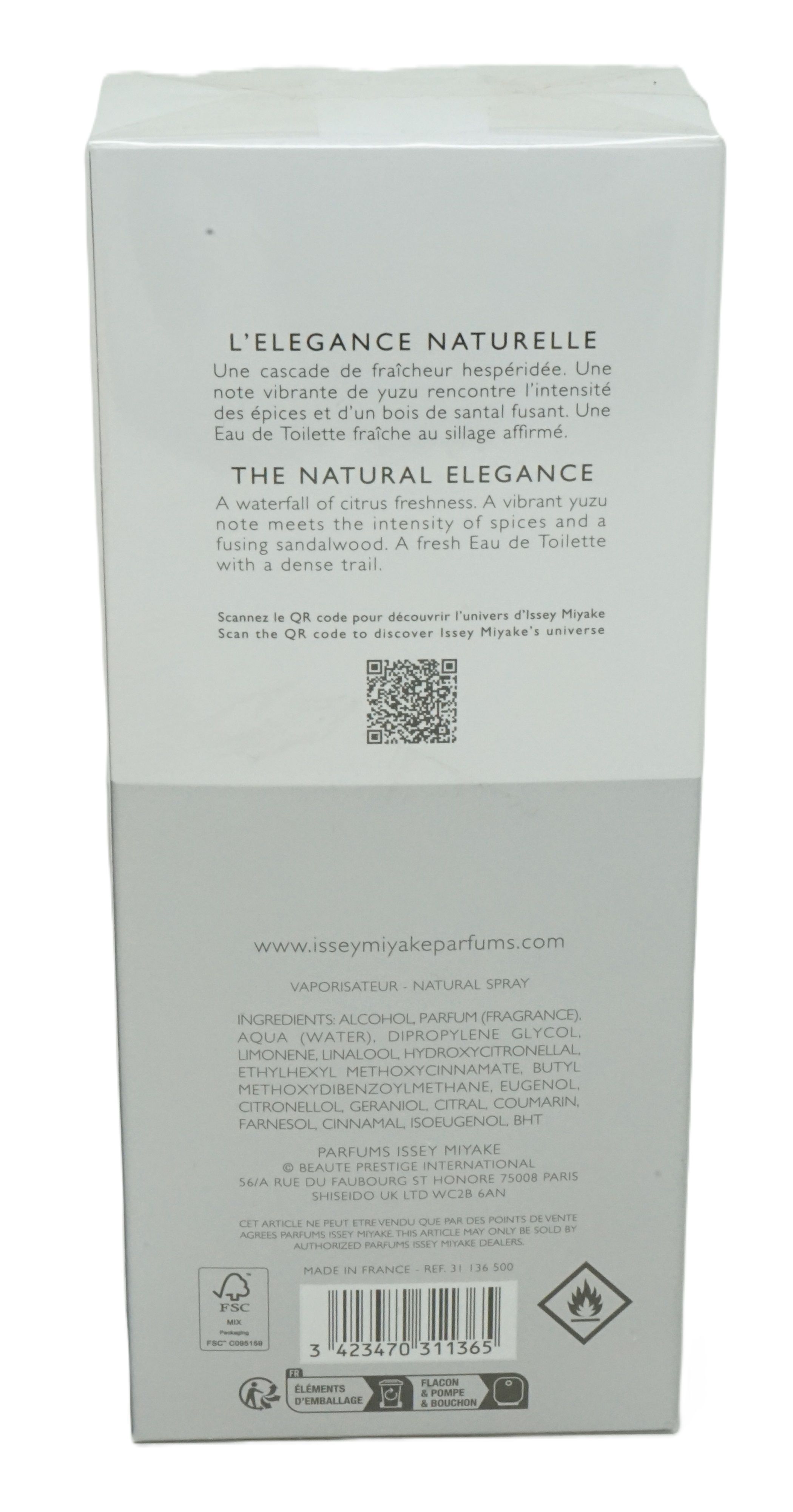 Verpackung von Issey Miyake L'Eau D'Issey Pour Homme. Text: L'ELEGANCE NATURELLE, THE NATURAL ELEGANCE, www.isseymiyakeparfums.com.