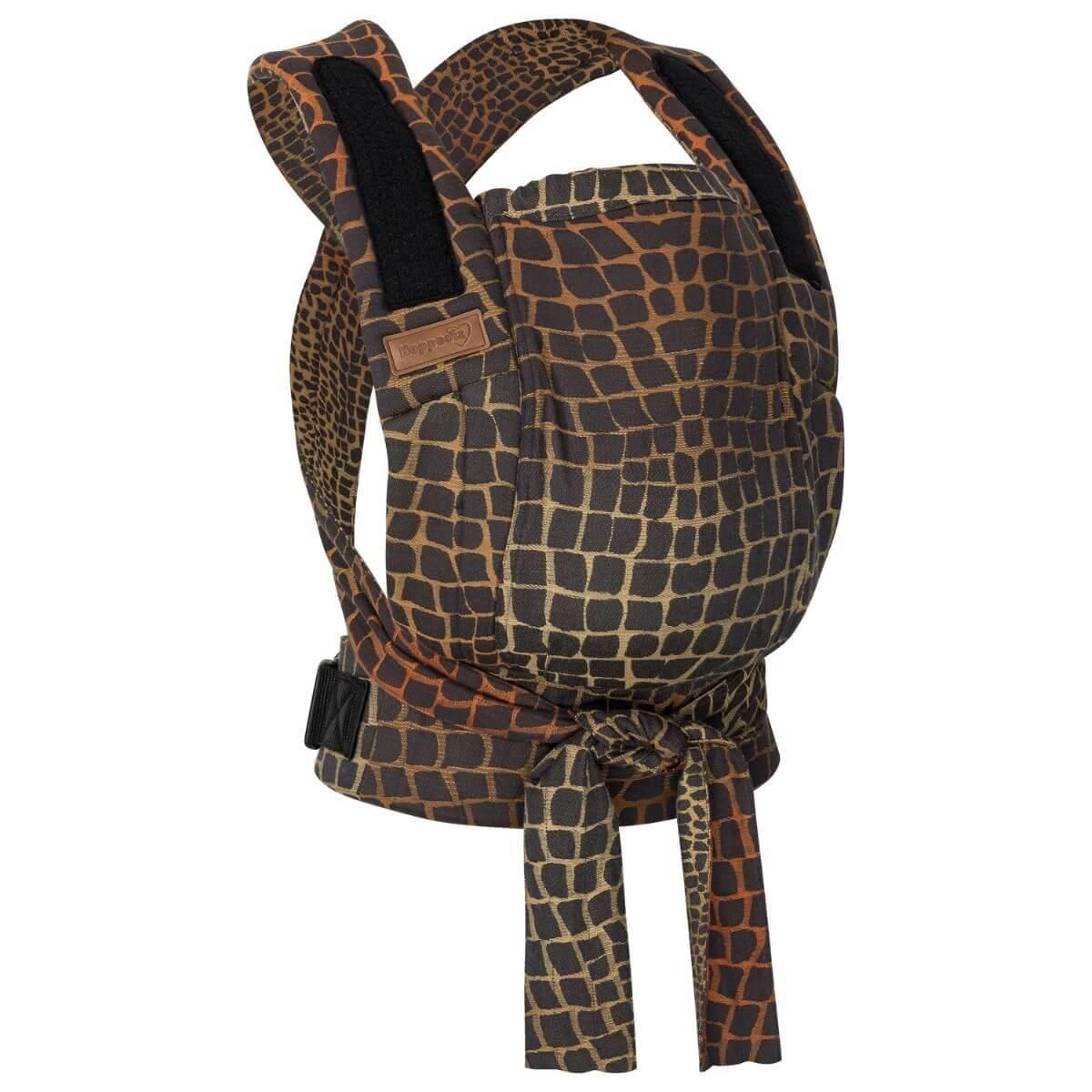 Babytrage Bondolino b.pure, braunes Muster. Gepolsterte Schulterträger, Klettverschlüsse, Logo-Etikett. Stoff mit Muster.