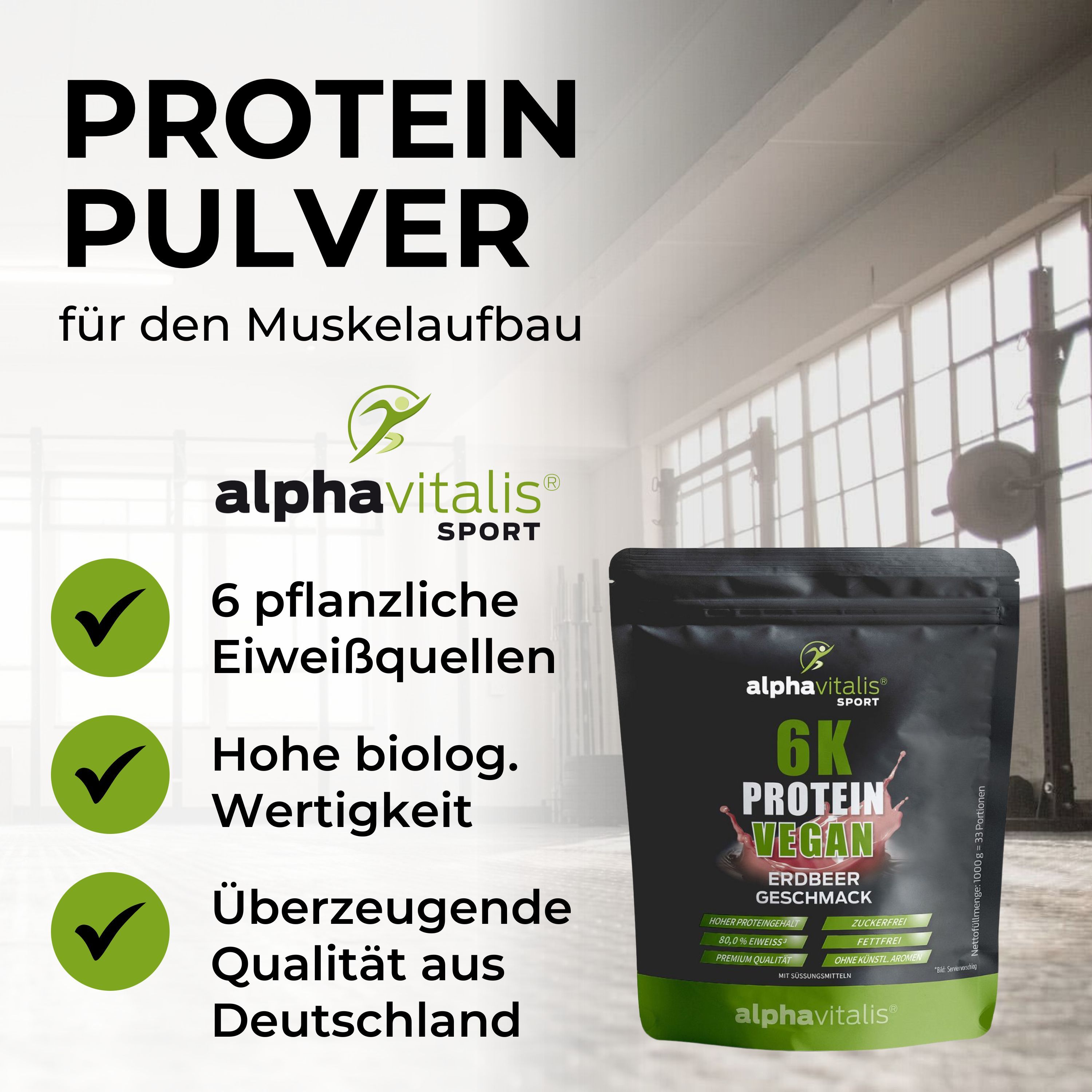 Alphavitalis 6K Protein Pulver für Muskelaufbau, 6 pflanzliche Eiweißquellen.