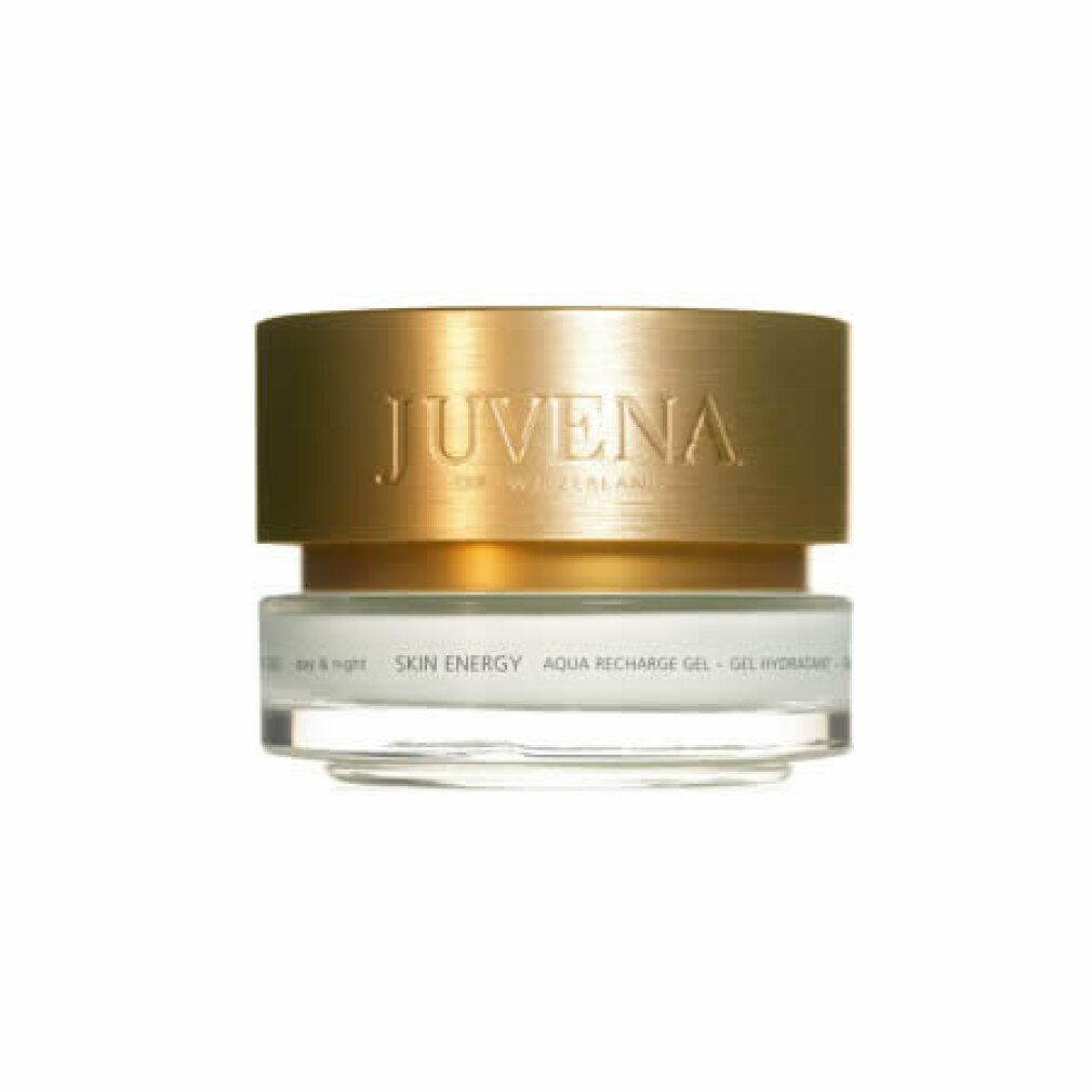Cremebehälter mit goldfarbenem Deckel. Aufschrift: Juvena of Switzerland. Produktbezeichnung: Aqua Recharge Gel.