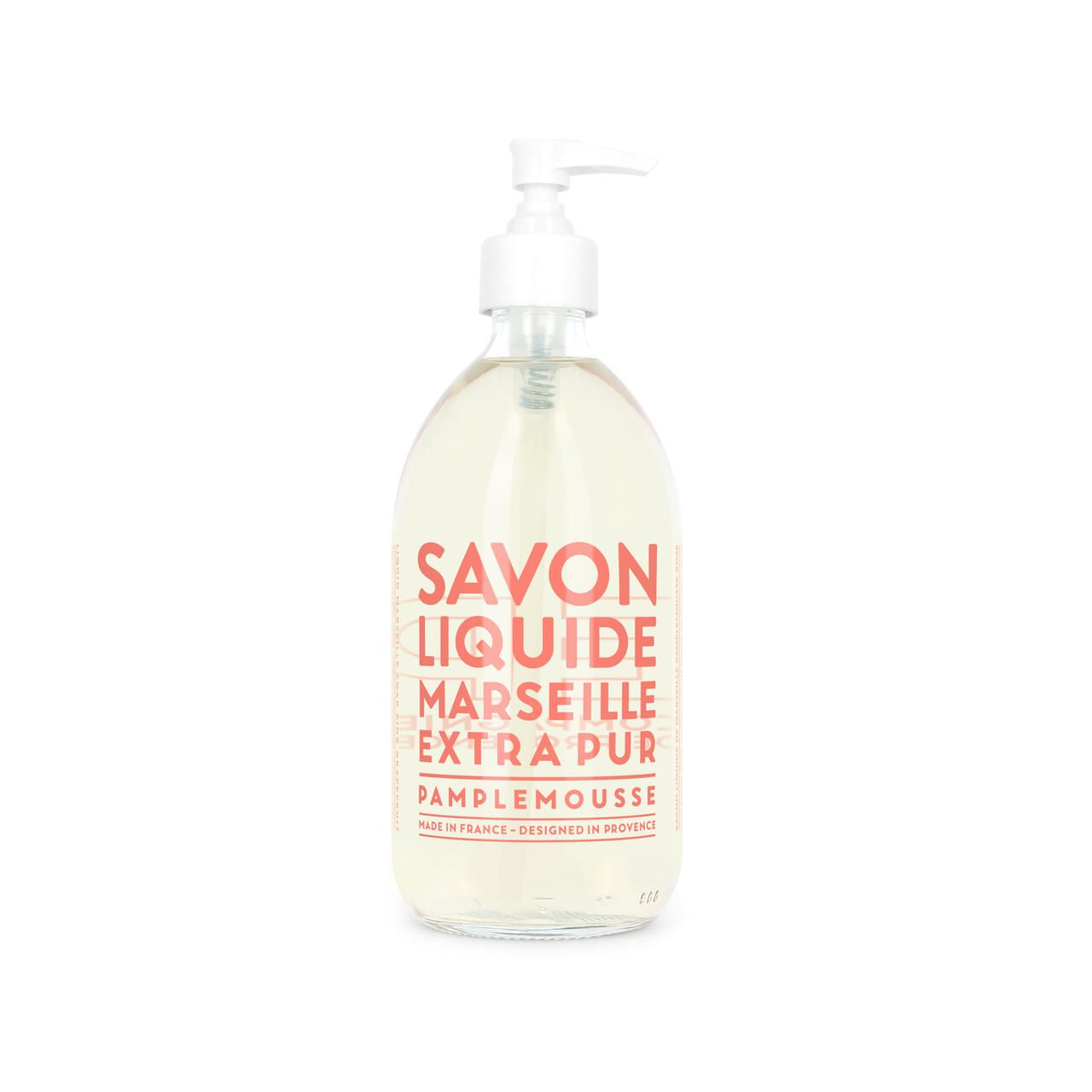 Transparente Flasche mit rosa Aufschrift: Savon Liquide Marseille Extra Pur Pamplemousse. Weißer Pumpkopf.