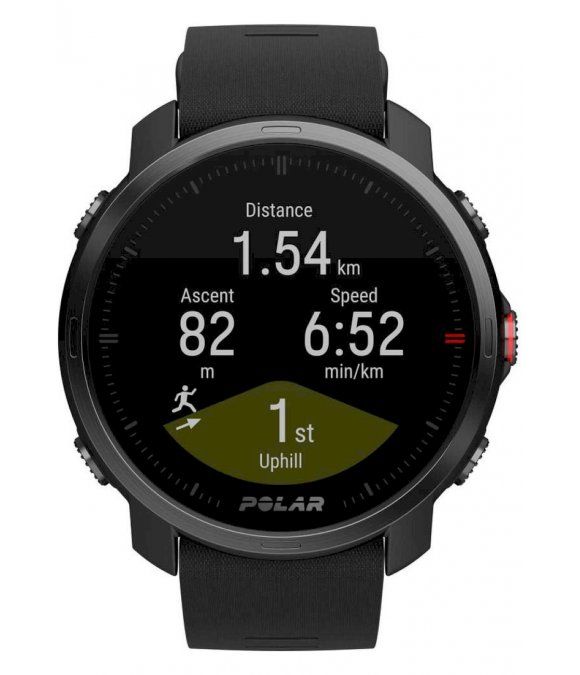 Schwarze Smartwatch mit Display. Zeigt Distanz, Steigung und Geschwindigkeit. Marke: Polar.